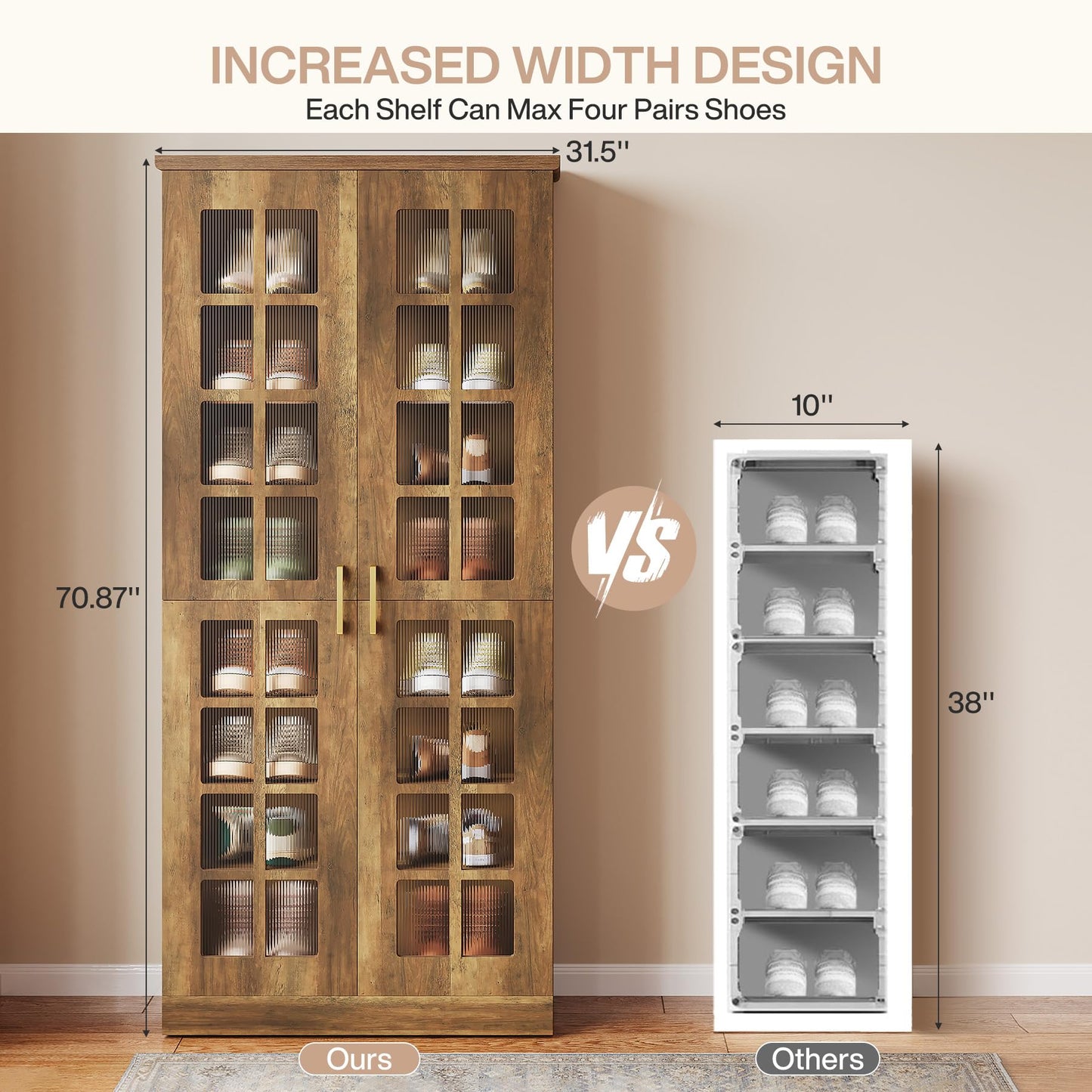 Tribesigns Tall Shoe Cabinet with Doors, 8-Tier Shoe Storage with Adjustable Shelves, Modern Shoe Organizer Shoe Rack Cabinet for Entryway, Hallway, Closet, Living Room, Rustic Brown