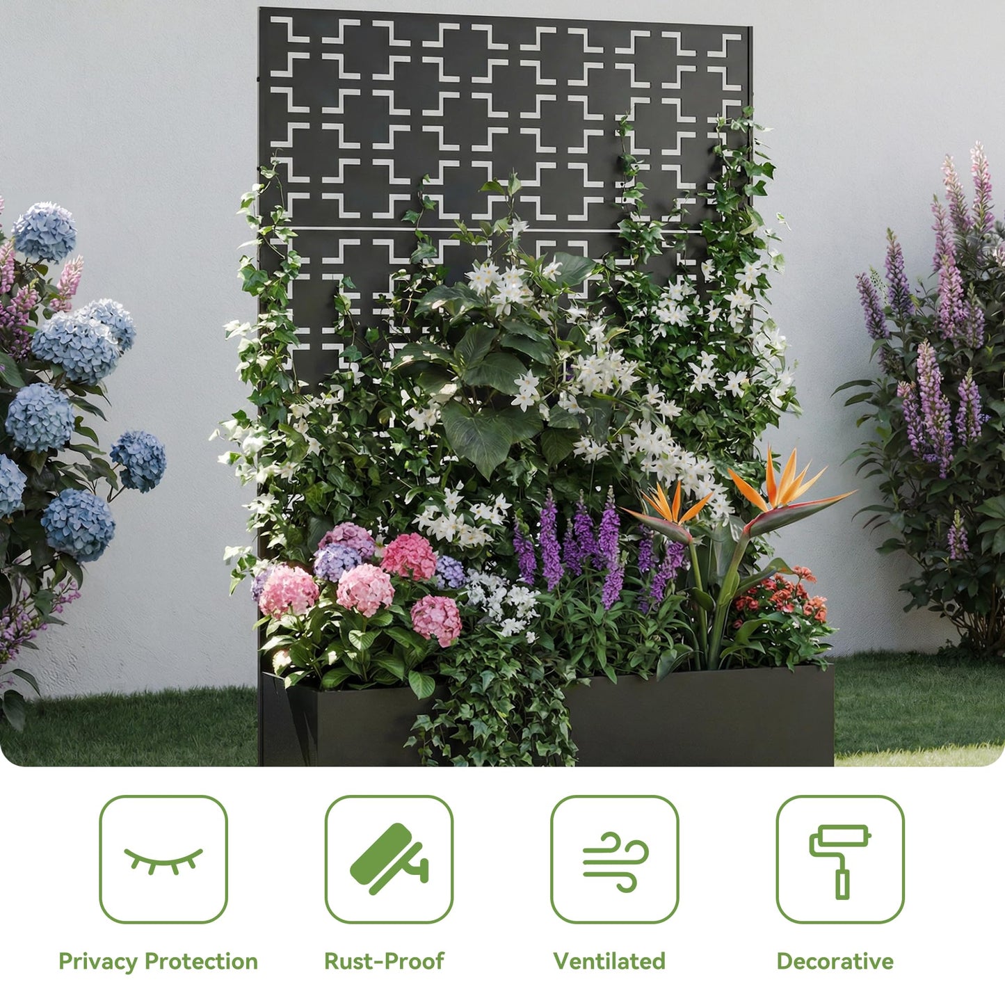 Metal Raised Garden Bed with Trellis and Wheels, 71"x47"x16" Planter Box with Privacy Screen & Drainage Holes, Arched Outdoor Garden Bed for Climbing Plants, Vegetables, Flowers (Black-Square)