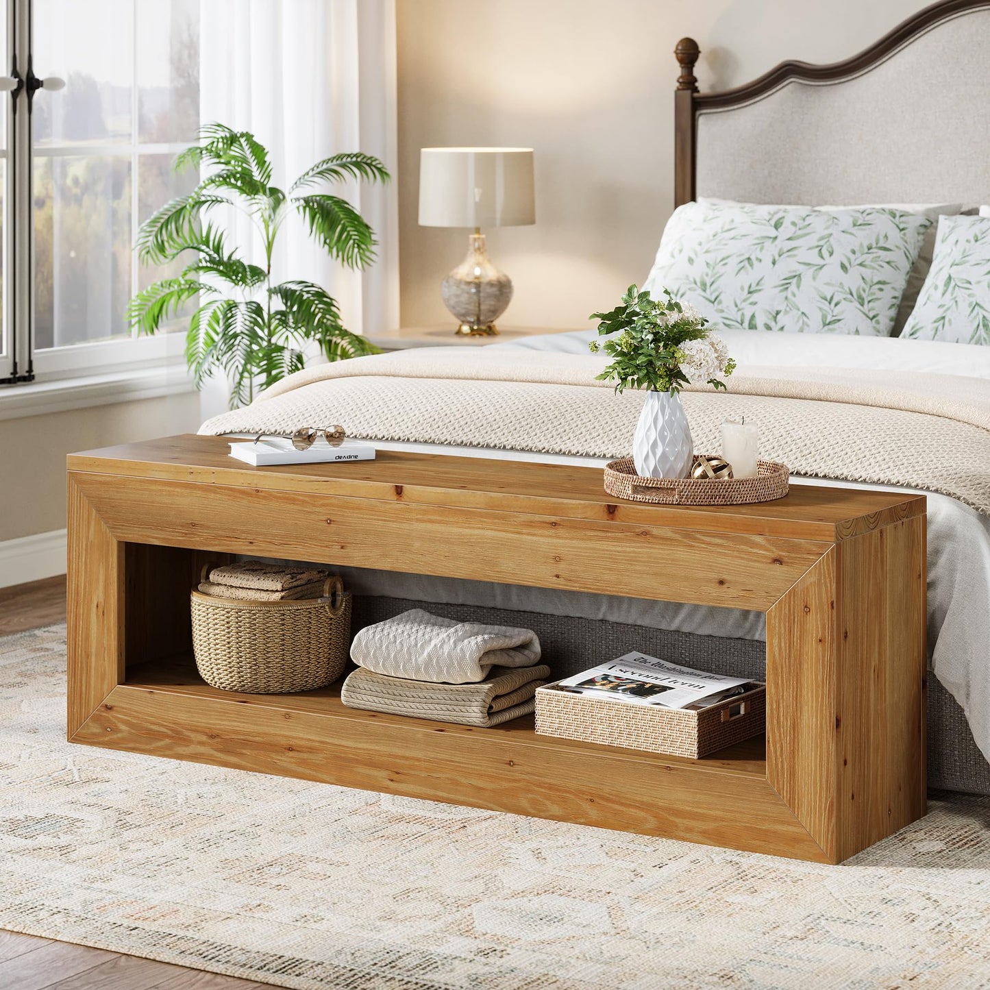Solid Wood Entryway Bench, 47" Rustic Farmhouse Indoor Bench Seat with Storage Shelf for Entrance, Hallway, End of Bed