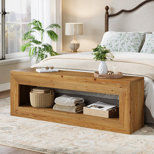 Solid Wood Entryway Bench, 47" Rustic Farmhouse Indoor Bench Seat with Storage Shelf for Entrance, Hallway, End of Bed