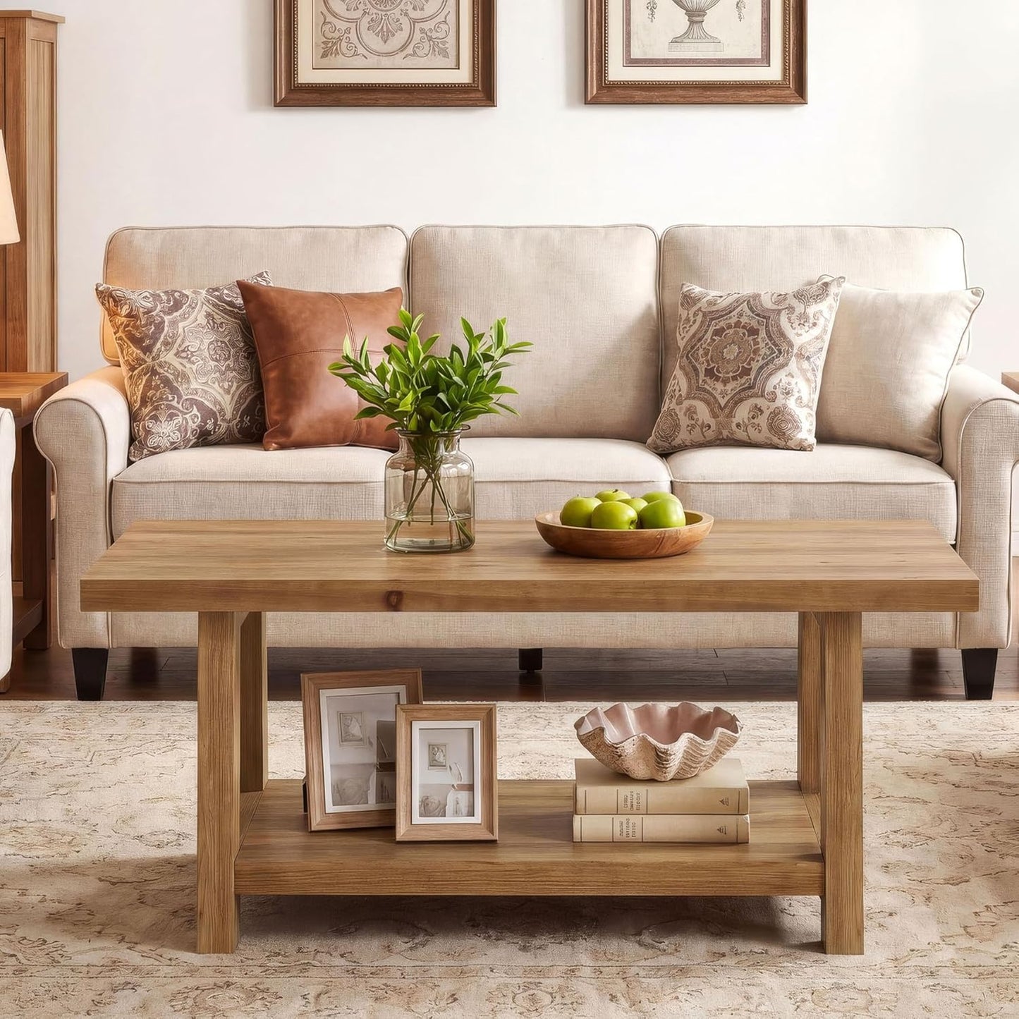 Rustic Solid Wood Coffee Table, 2-Tier Rectangle Accent Center Table with Lower Storage Shelf, Farmhouse Simple Cocktail Tea Tables with Sturdy Legs for Living Room, Brown