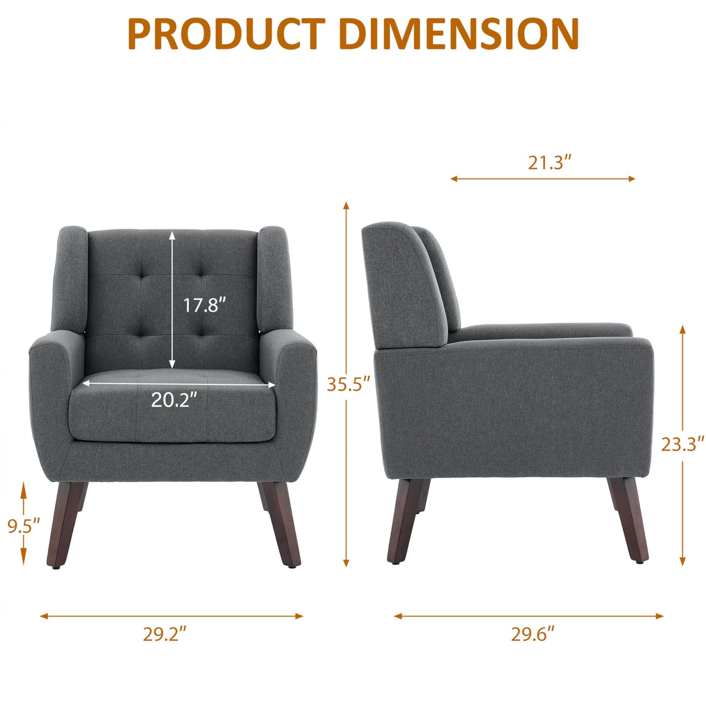 Faux Leather Accent Chairs Set of 2, Mid-Century Modern Upholstered Armchair, Comfy Living Room Chairs Reading Chairs with Button Tufted Back & Solid Wood Legs for Bedroom, Office, Black