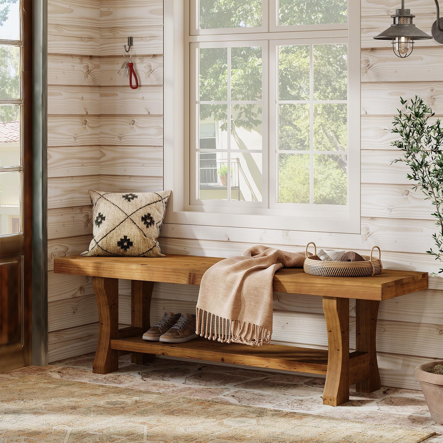 Solid Wood Entryway Bench, 55" End of Bed Bench, Long Indoor Dining Seat for Hallway, Bedroom, Living Room, Dining Room, Easy Assembly, Brown