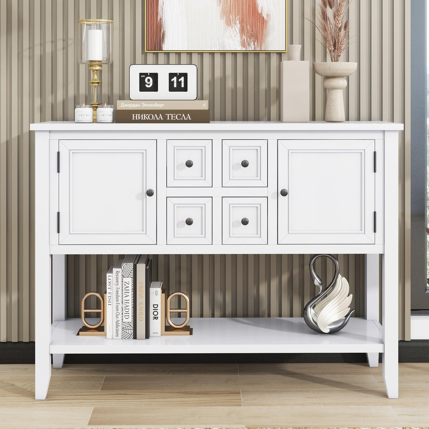 LKTART Farmhouse Sideboard Buffet Cabinet,Solid Wood Sideboard with Storage Drawers and Bottom Shelf,Coffee Bar for Entryway Hallway Foyer,Easy Assembled (46.5" Brown