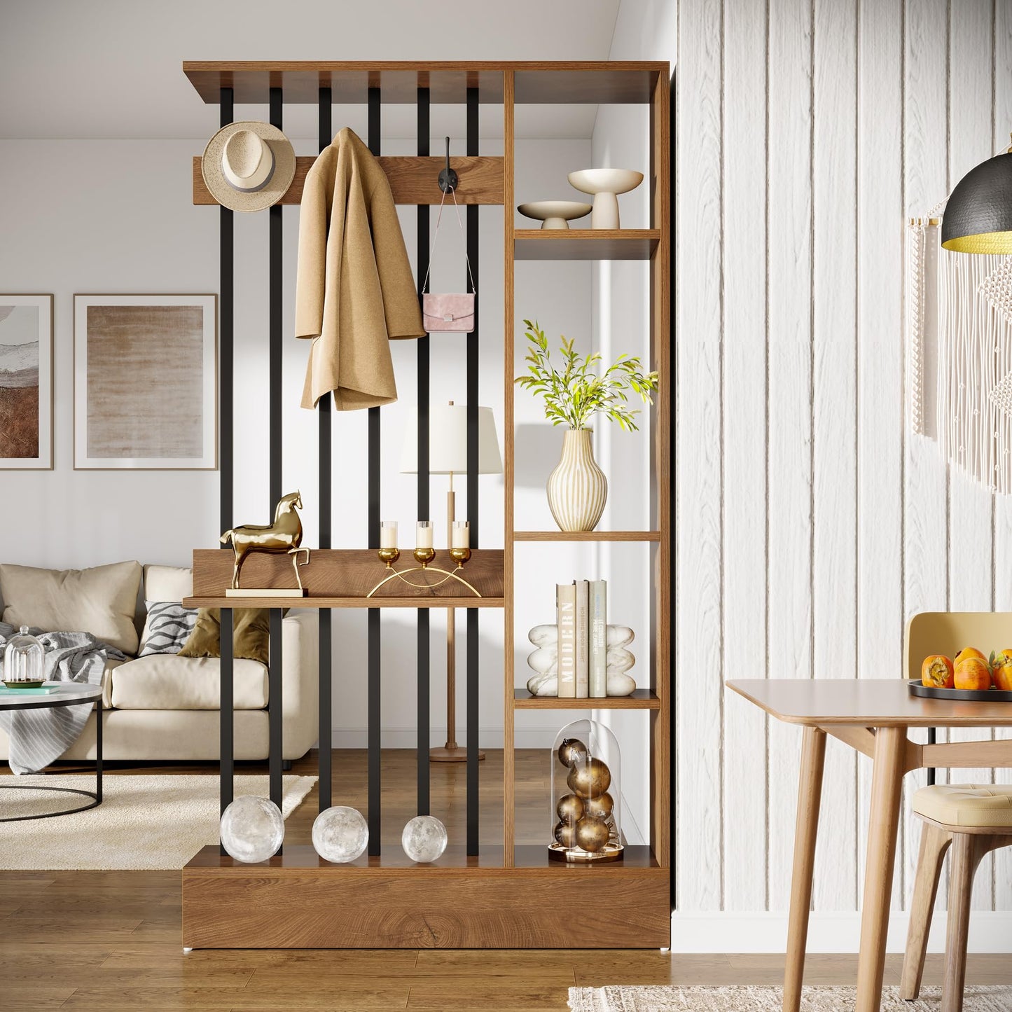 Tribesigns Wall Room Divider, Wood Freestanding Room Divider Bookcase with Shelves & Coat Hooks, 71" Modern Wall Partition for Home & Office Decorative, Brown