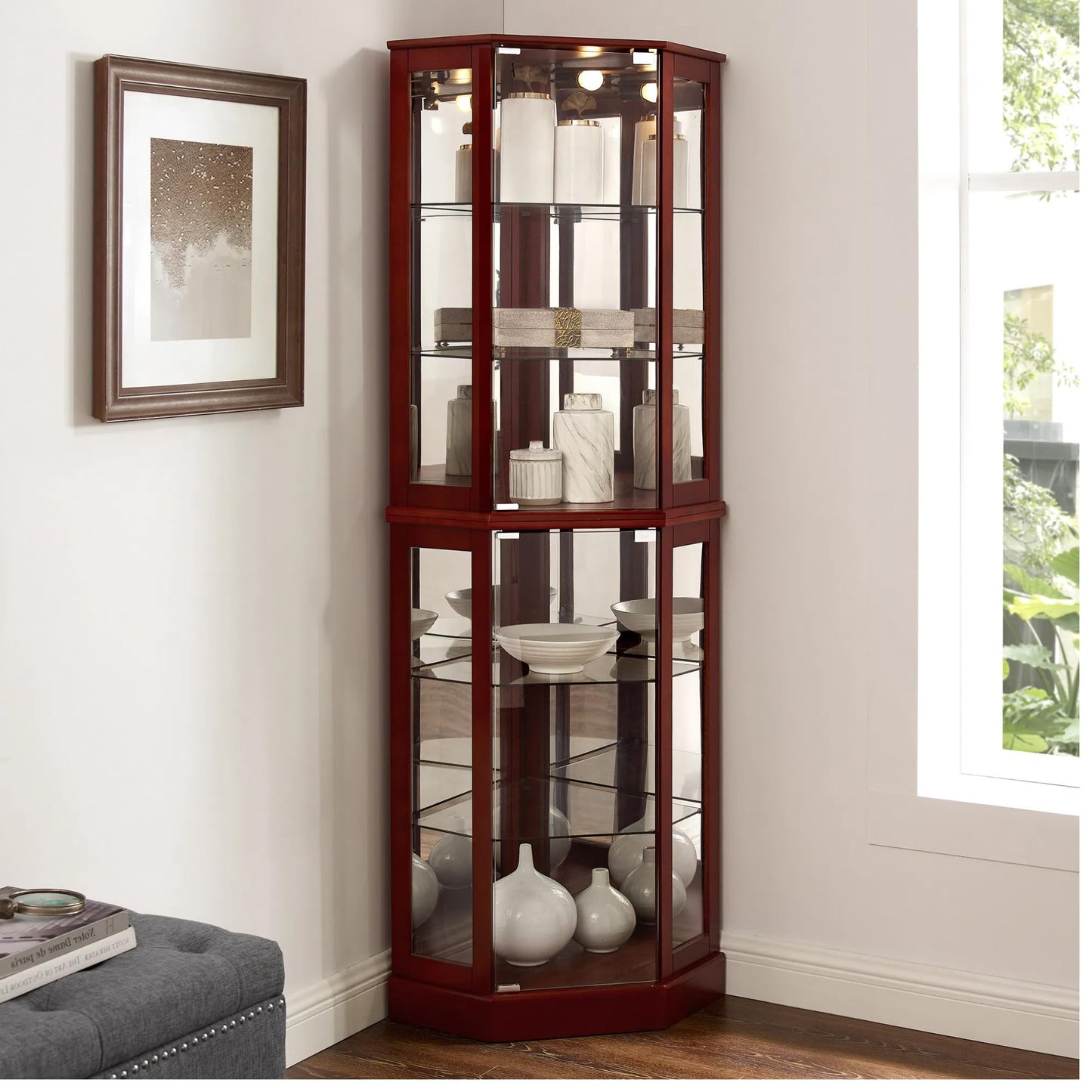 LKTART Corner Curio Cabinet with Lights, Glass Display Cabine, 72" Tall Corner Storage Cabinet with Mirrored Back Panel &Tempered Glass Doors and Adjustable Shelves (Oak)