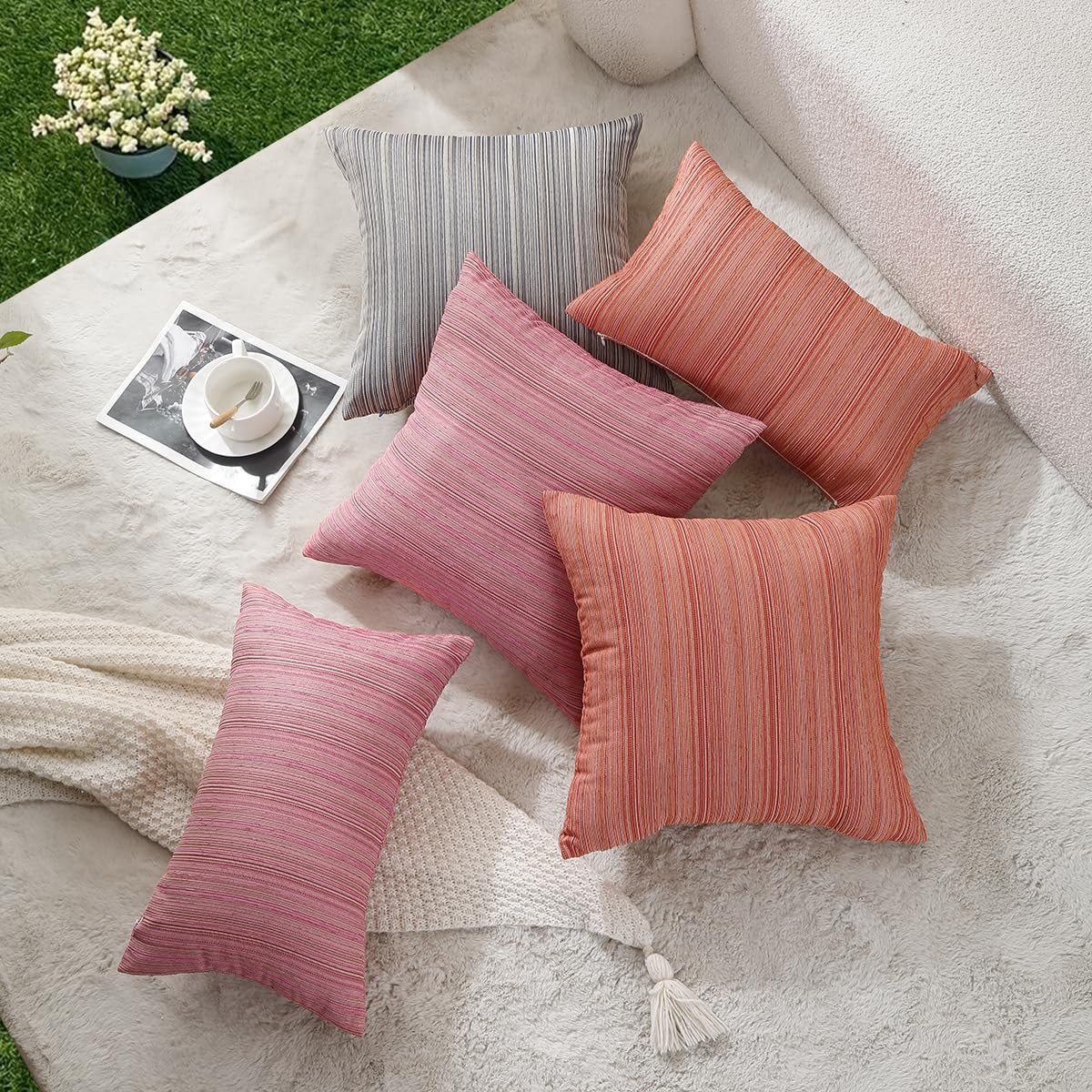 VAKADO Outdoor Waterproof Throw Pillow Covers 18x18 Set of 2 Decorative Outside Patio Furniture Cushion Cases Decor for Garden Bench Porch Couch Tent Chair Stripe Blue