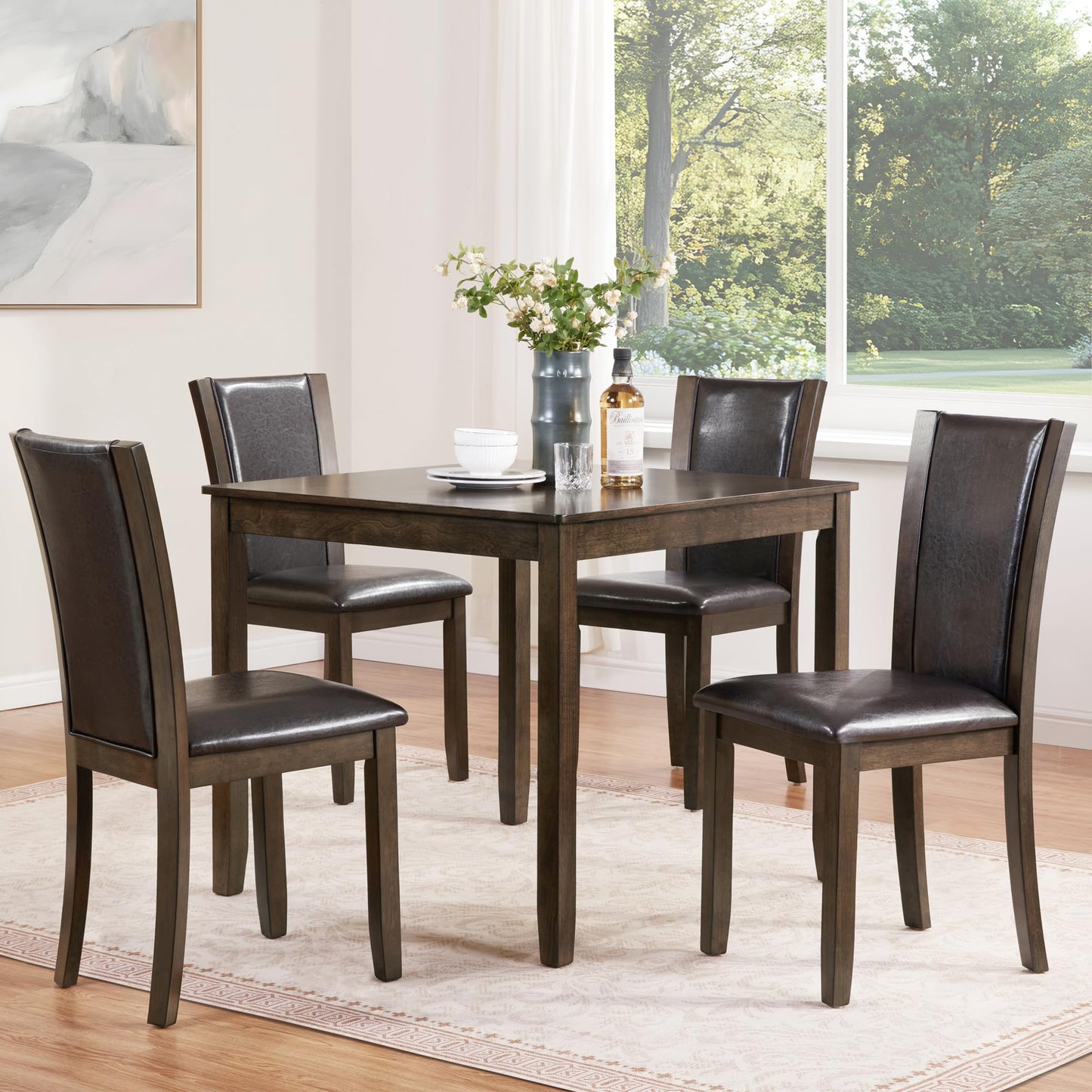 LKTART 5-Piece Kitchen & Dining Room Table and Chairs Sets,Small Square Kitchen Table with 4 Upholstered XX-Shaped Backrest Chairs,Walnut