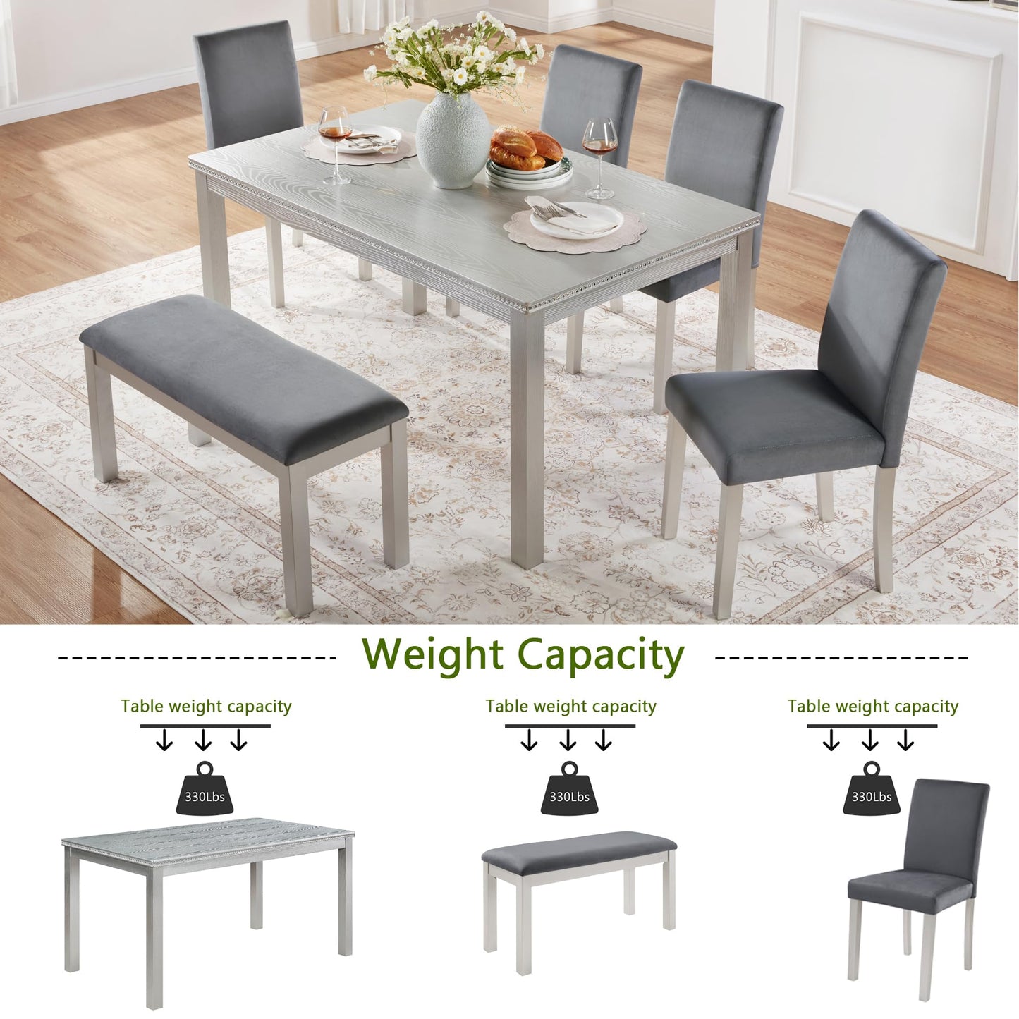 LKTART 6 Piece Kitchen Dining Set, 58.5" Rectangular Wooden Dinner Table with 4 Upholstered Chairs and a Bench for Living Room, Home Bar and Kitchen, Walnut