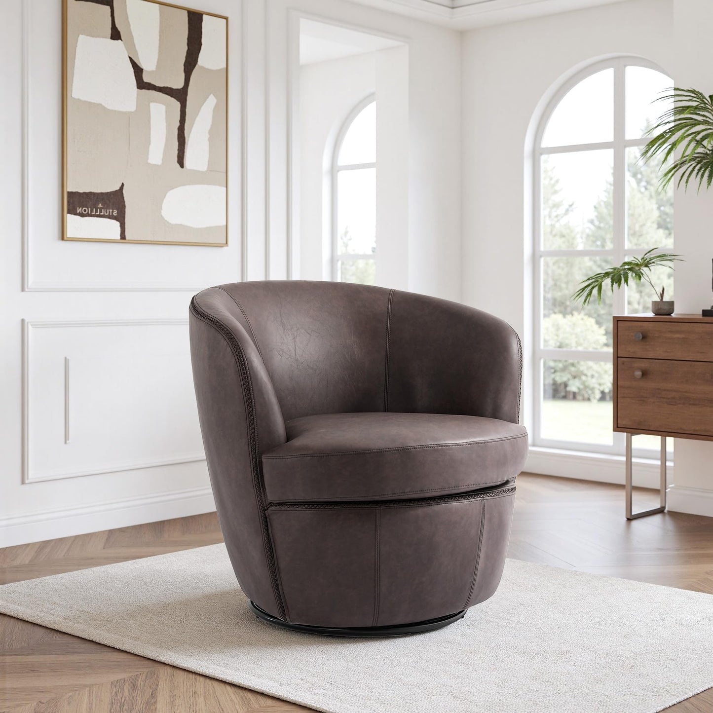 360° Swivel Barrel Accent Chair, Faux Leather Round Swivel Chair for Living Room, Comfy Upholstered Armchair Single Sofa Club Chair for Bedroom Reading Room, No Assembly Required - Light Brown