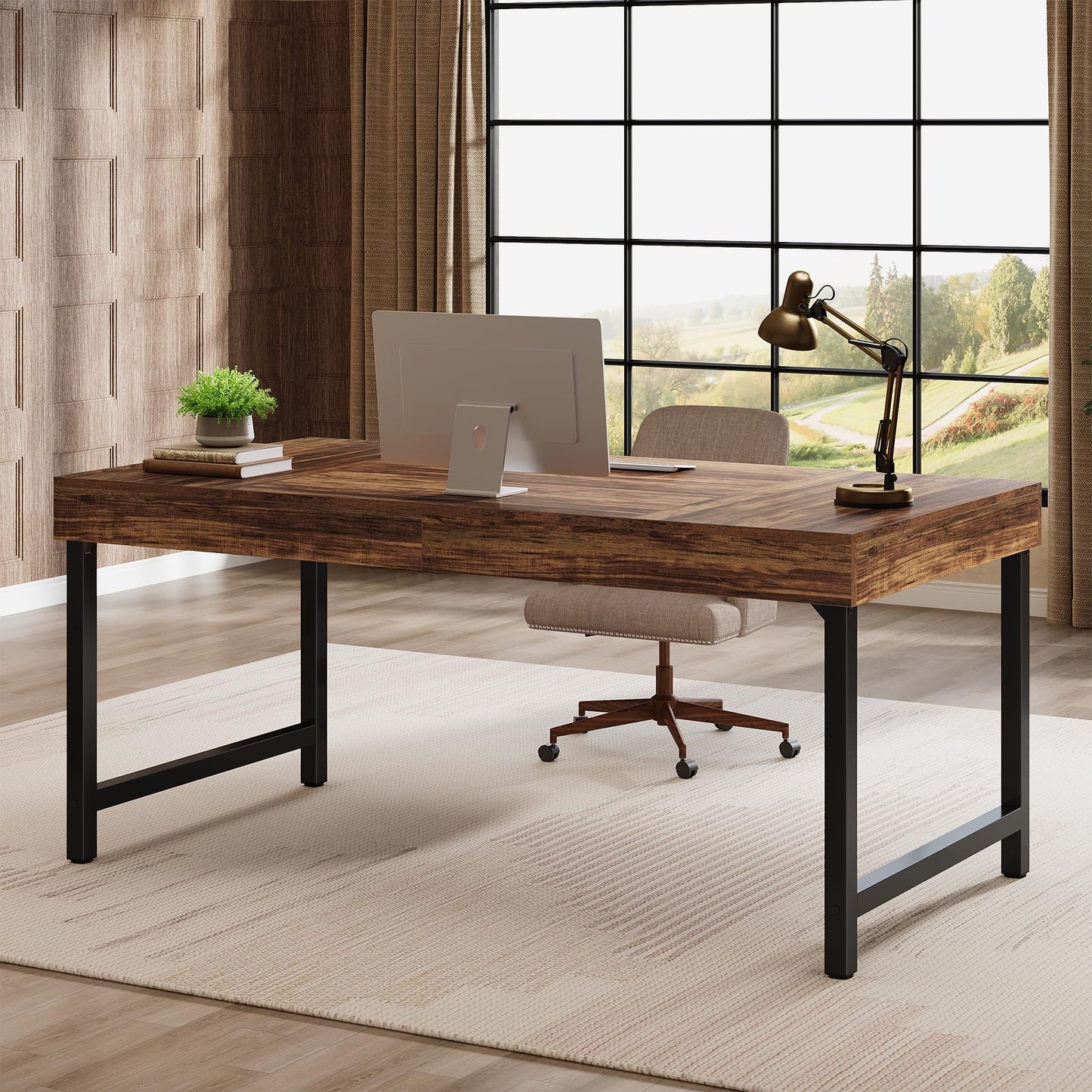 Tribesigns 55" Industrial Executive Desk for Home Office, Rustic Simple Computer Laptop Desk with Strong Metal Legs, Study Writing Table Business Workstation, Small Conference Table