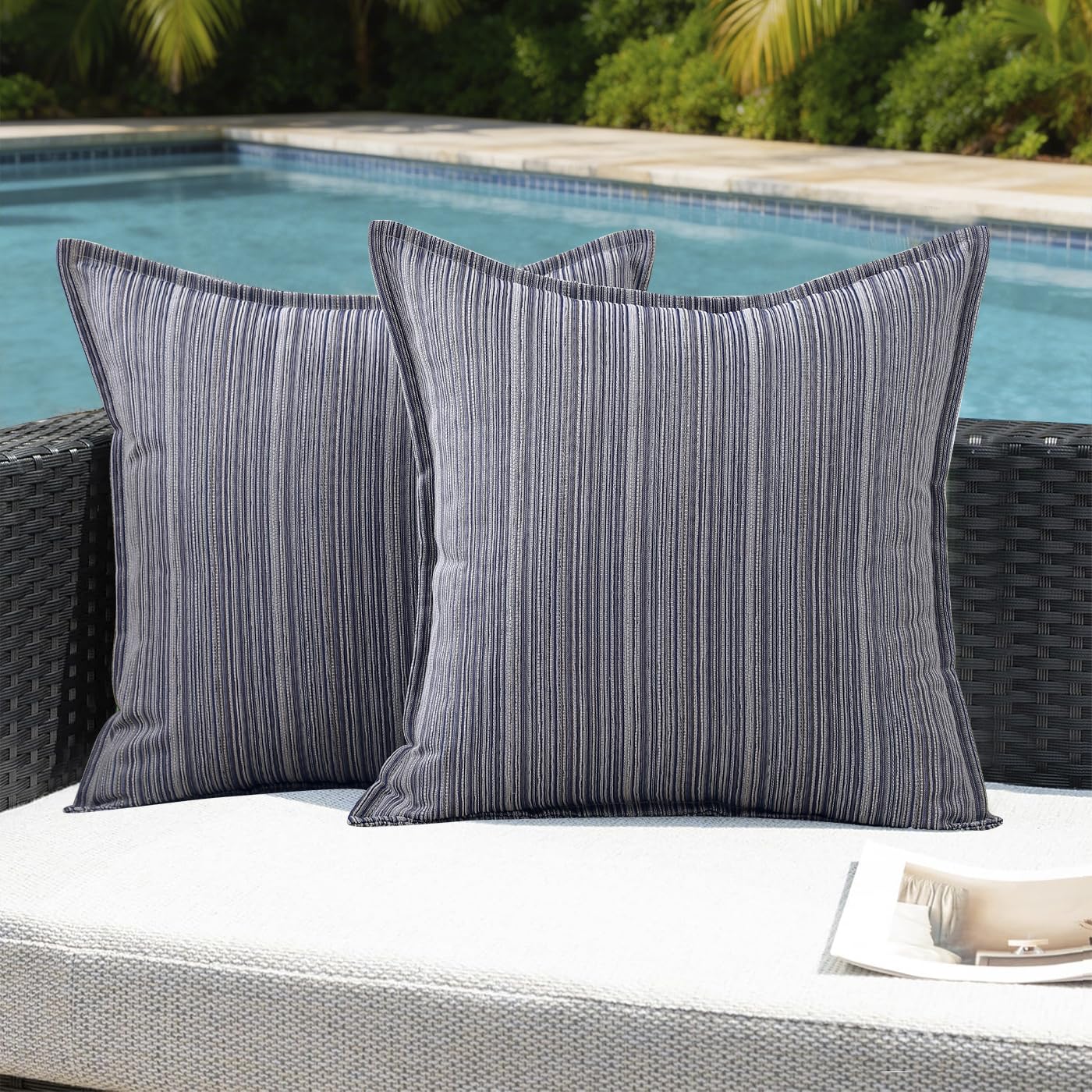 VAKADO Outdoor Waterproof Throw Pillow Covers 18x18 Set of 2,Chenille UV Decorative with Hem Patio Furniture Cushion Cases Decor for Bench Garden Tent Chair Seat Porch Couch,Stripe Beige