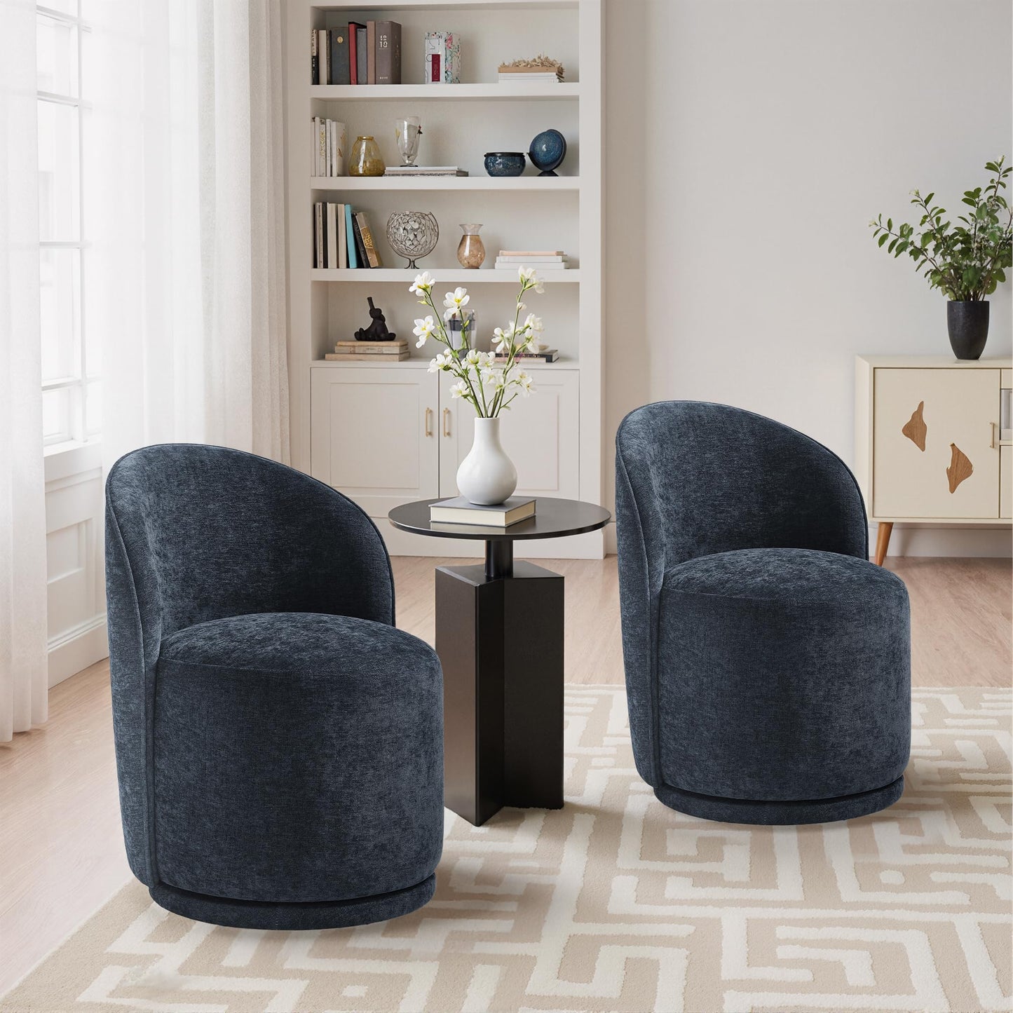Swivel Barrel Dining Chairs Set of 2, Faux Leather Upholstered Round Dining Chairs, 360° Swivel Vanity Chair Comfy Armless Accent Makeup Chair for Dining/Living Room Makeup Room, Brown