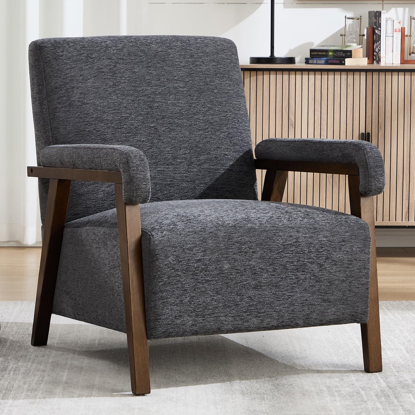 IOMOR Mid Century Modern Accent Chair, Upholstered Armchair with Thick Seat Cushion and Solid Wood Frame, Thick and Comfy Seat Cushion, Short Plush Fabric Arm Chair for Living Room(1,White)
