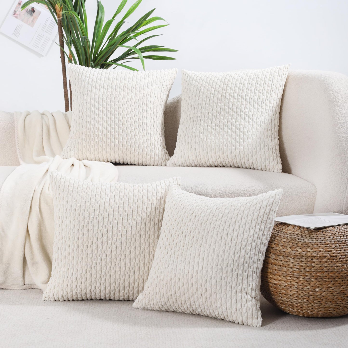 VAKADO Couch Throw Pillow Covers 16x16 Set of 4 Decorative Neutral Corduroy Boho Rustic Farmhouse Cushion Case Square for Home Decor Sofa Living Room Bed