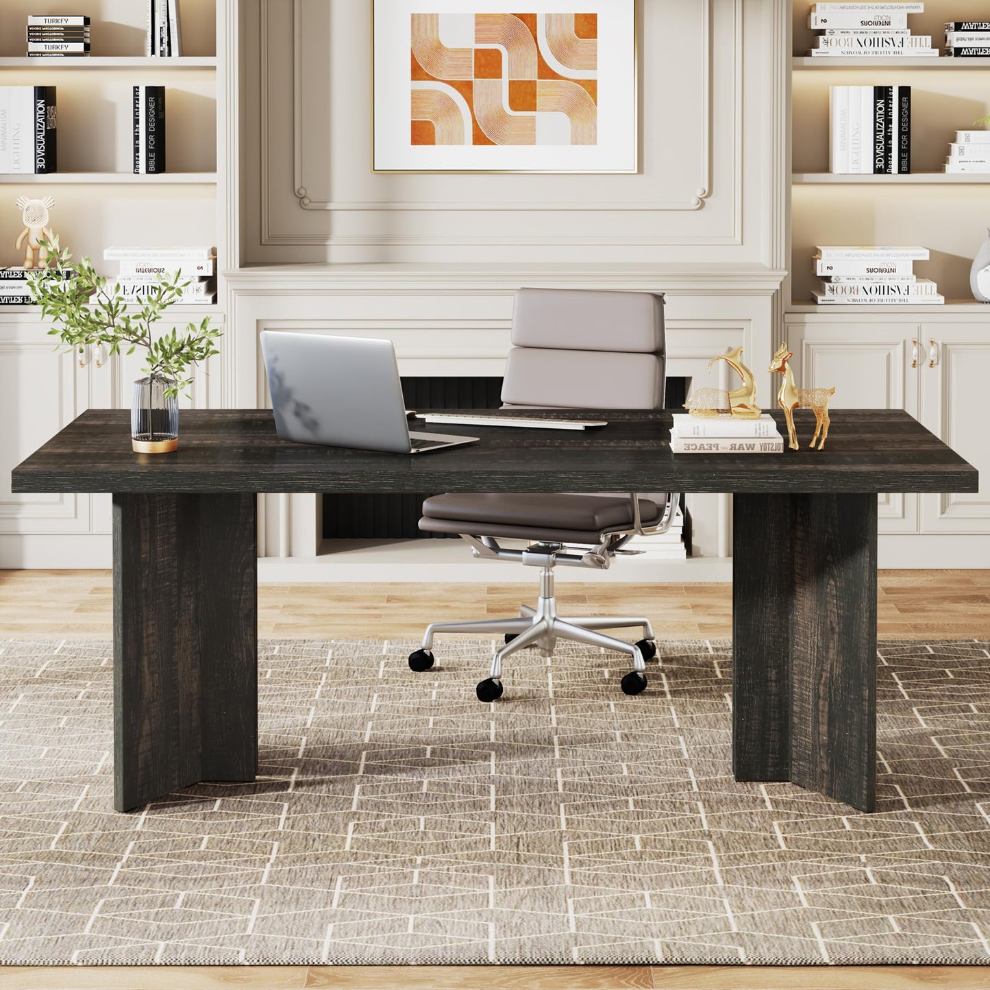Tribesigns 63-inch Executive Desk, Vintage Home Office Computer Desk with Large Tabletop, Farmhouse Wood Writing Conference Table Workstation for Office, Study, Walnut Brown