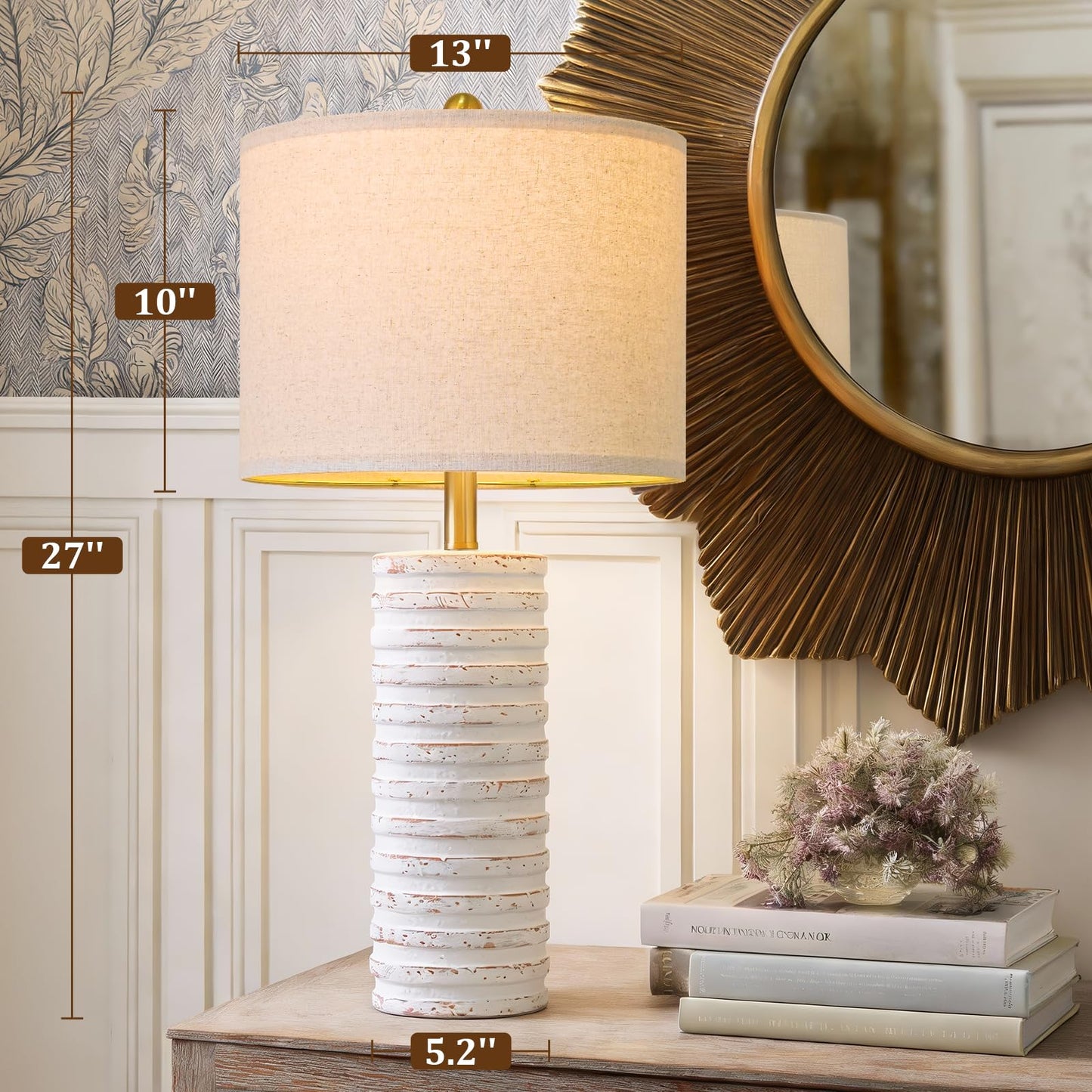 PoKat 27'' Farmhouse Table Lamps Set of 2 for Living Room, Stone-Like Bedside Lamp for Bedroom, Boho Ceramic Tall Lamps for Nightstand Office Sideboard Entryway Distressed (Antique Beige)
