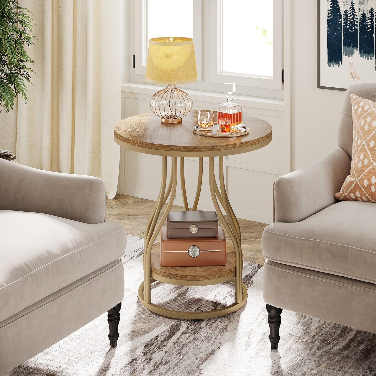 Tribesigns Round Side End Table 2-Tier End Tables Modern Bedside Table Small Chairside Tables with Storage for Couch Side, Nightstand with Metal Frame for Living Room (1, White+Gold)