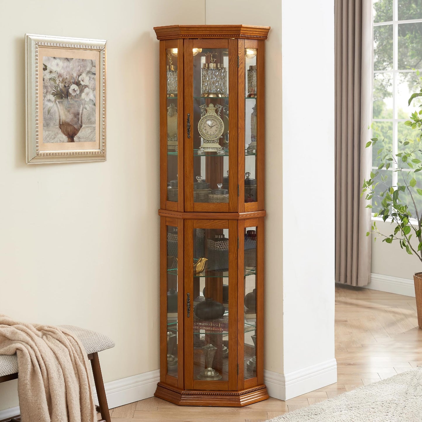 LKTART Curio Glass Display Cabinet, 70" Tall Corner Storage Cabinet with Lights and Mirrored Back Panel,China Cabinet with Tempered Glass Doors and Shelves(Walnut)