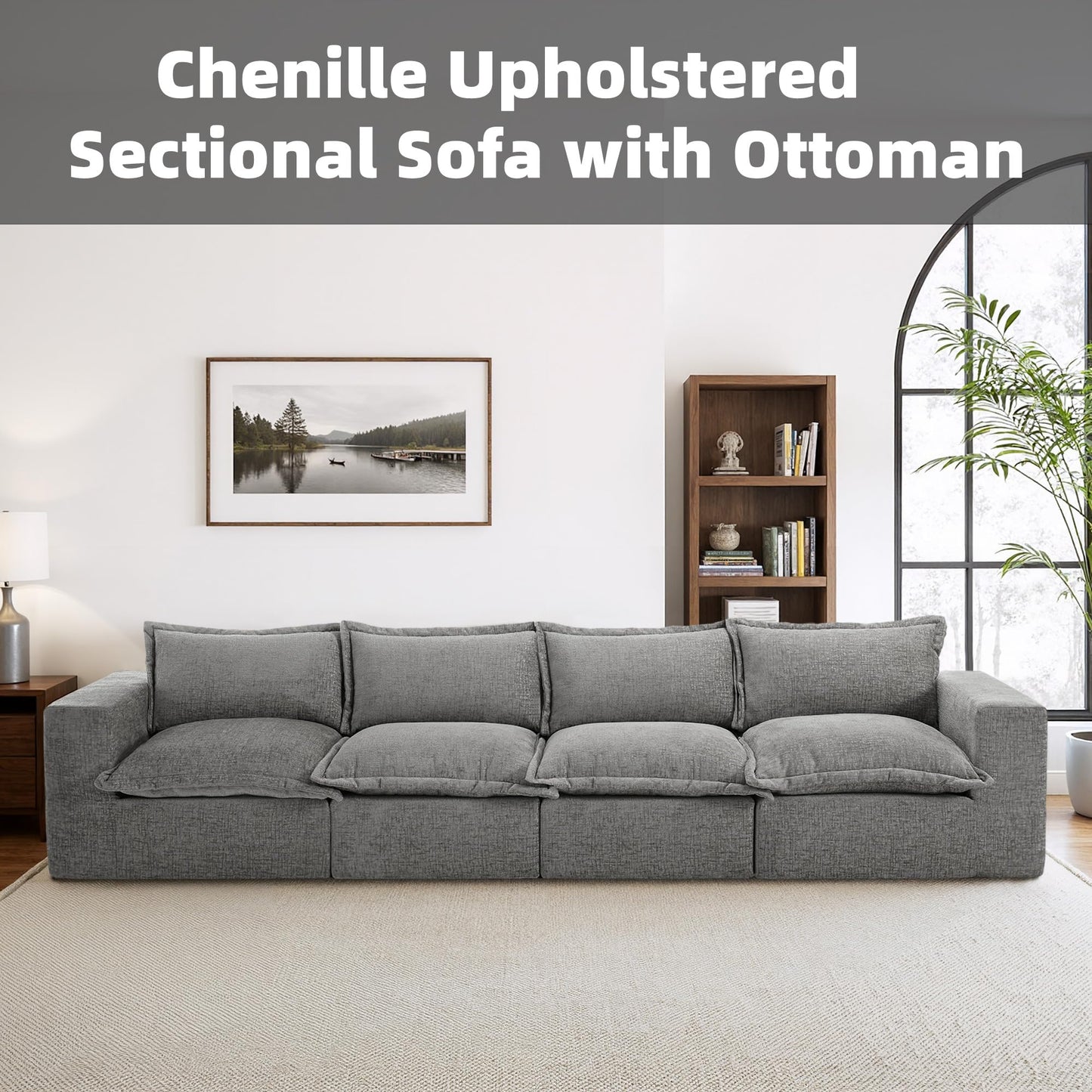 116" Modular Sectional Sofa, Comfy L Shaped Modular Coush Sofa with Ottoman, 3-Seat Chenille Cloud Couches Deep Seat Sofa for Living Room, Apartment, Small Spaces, Beige