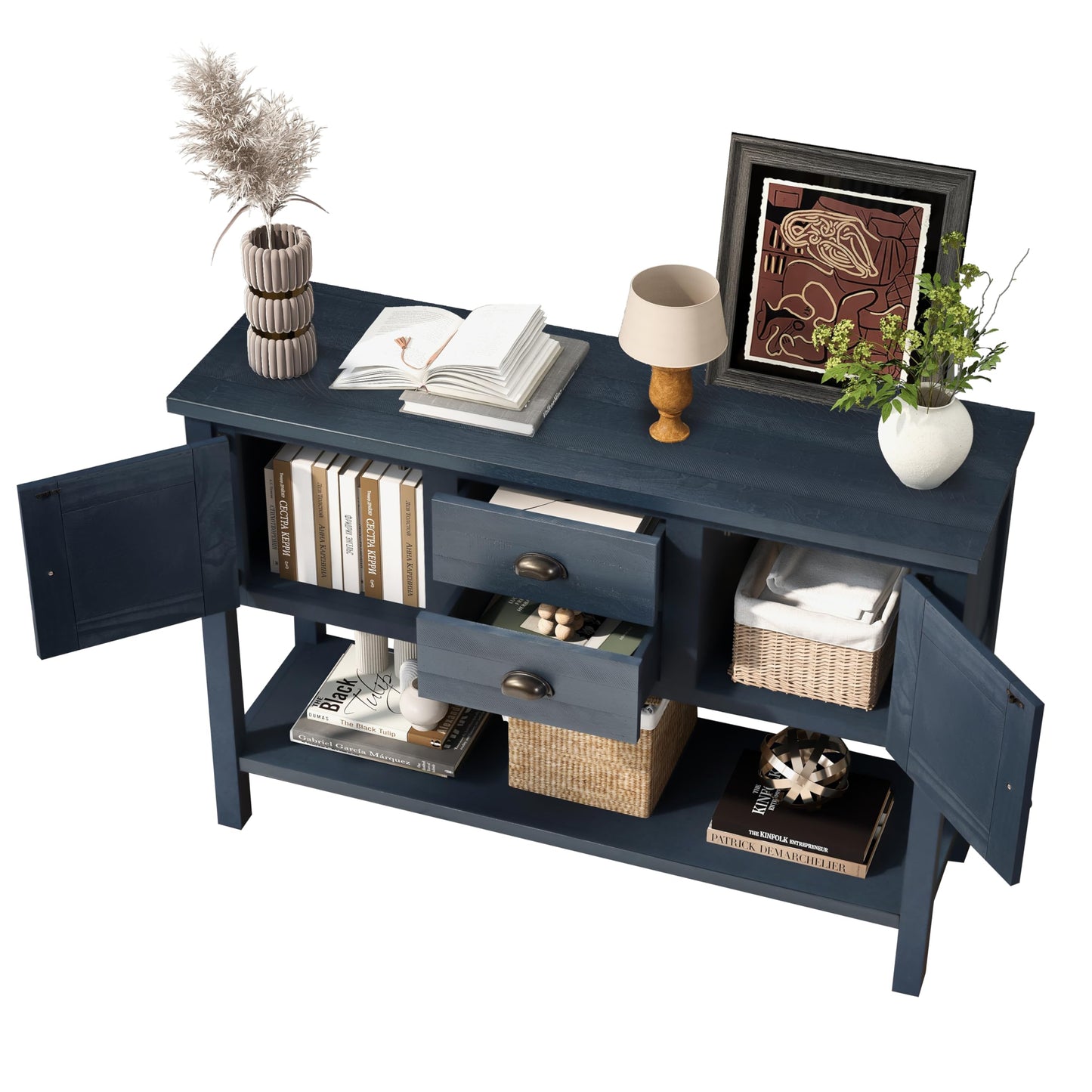 LKTART Solid Wood Farmhouse Console Table,Sofa Table with Storage Drawers and Shelves,Entryway Table for Entry Hallway Foyer Sofa Side Table,EasyAssembled (48" Navy Blue)