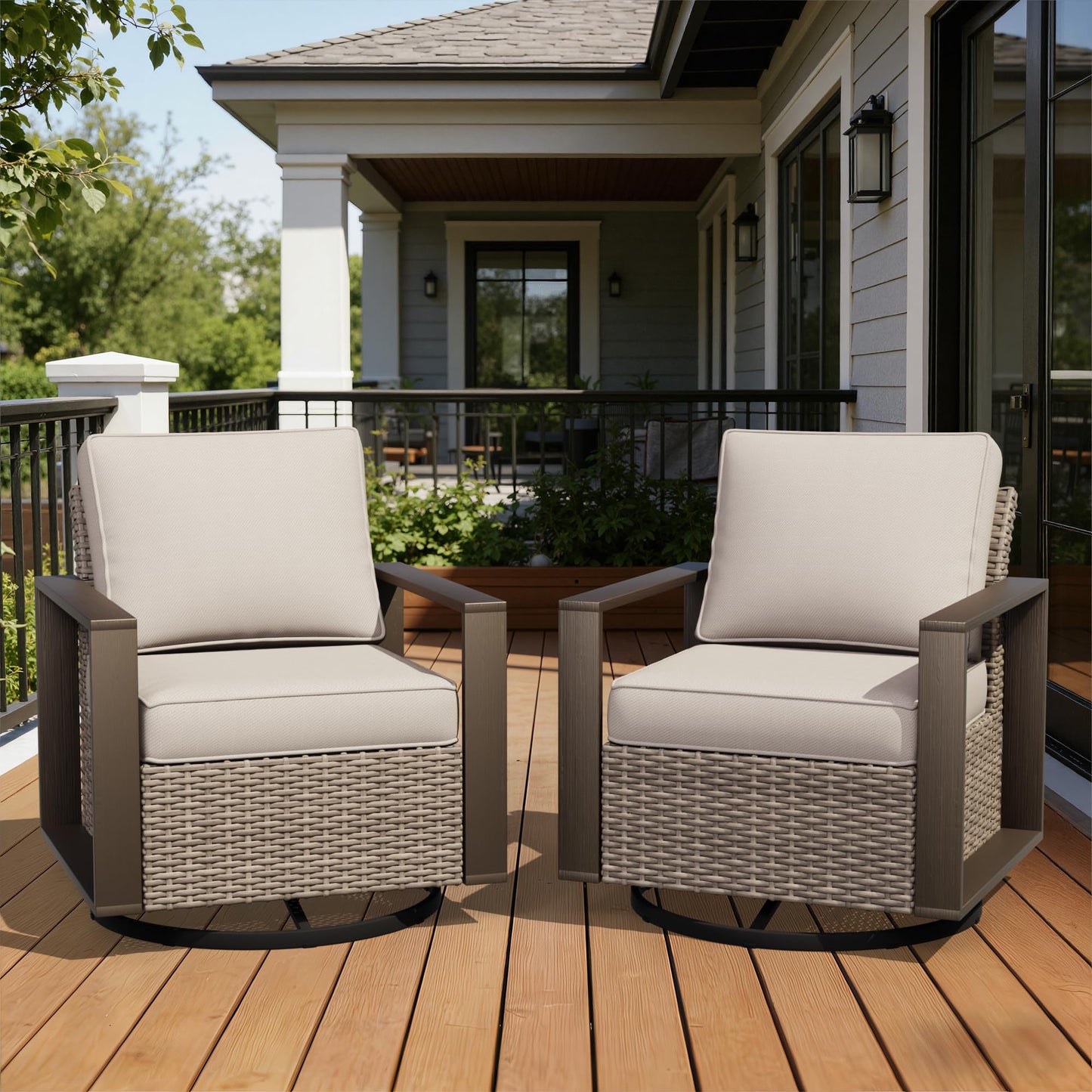 Joyside Outdoor Patio Swivel Rocker Chairs, 3 Pieces Wicker Furniture Set, 2 Swivel Rocking Chairs and 1 Table, Metal Wide Armrest, Thick Cushions and Deep Seating for Garden, Backyard, Porch, Deck