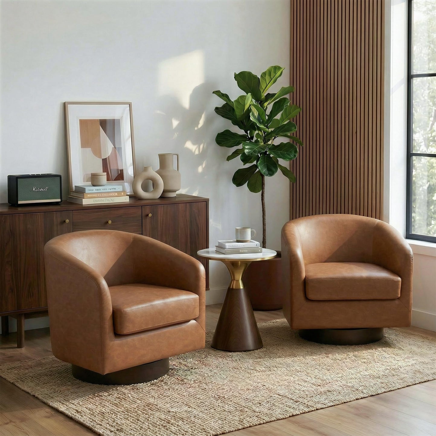 Swivel Barrel Chairs Set of 2, 31" W Modern Faux Leather Round Swivel Accent Chair for Living Room, 360° Rotation Upholstered Armchair Club Chair for Bedroom, Reading Room, Office (Brown)