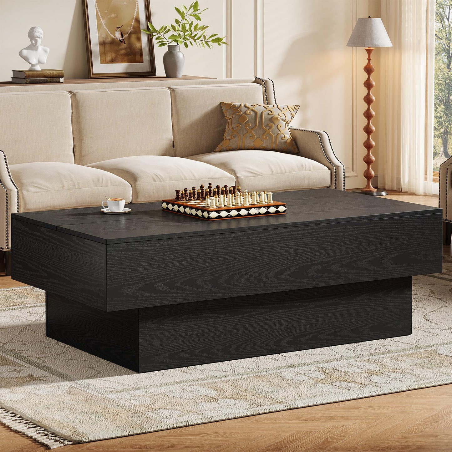 Tribesigns Modern Black Coffee Table, 55-Inch Rectangle Wooden Tea Table, Large Center Table for Living Room, Reception Room
