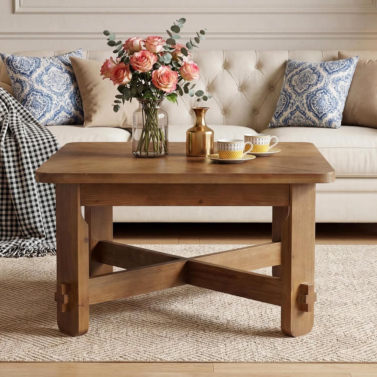 31.5" Square Coffee Table, Solid Wood Accent Center Table with Thick Tabletop and Sturdy Cross-braced Legs, Farmhouse Rustic Tea Cocktail Tables for Living Room, Apartment, Vintage Brown