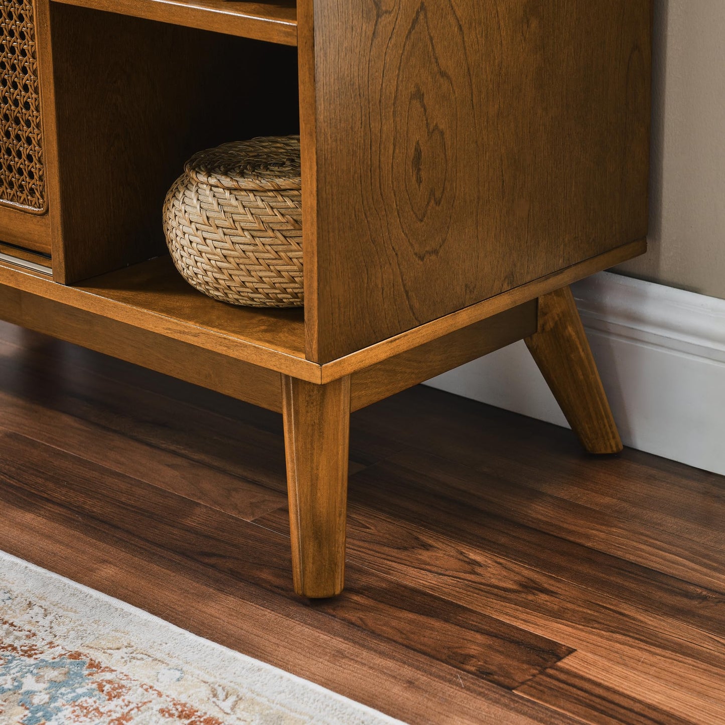 LKTART Mid Century Modern Storage Cabinet with Rattan Sliding Doors and Open Shelves, Boho Style Wooden Sideboard Buffet for Living Room,Dark Walnut