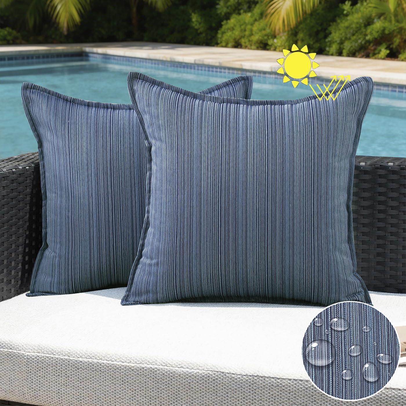VAKADO Outdoor Waterproof Throw Pillow Covers 18x18 Set of 2,Chenille UV Decorative with Hem Patio Furniture Cushion Cases Decor for Bench Garden Tent Chair Seat Porch Couch,Stripe Beige