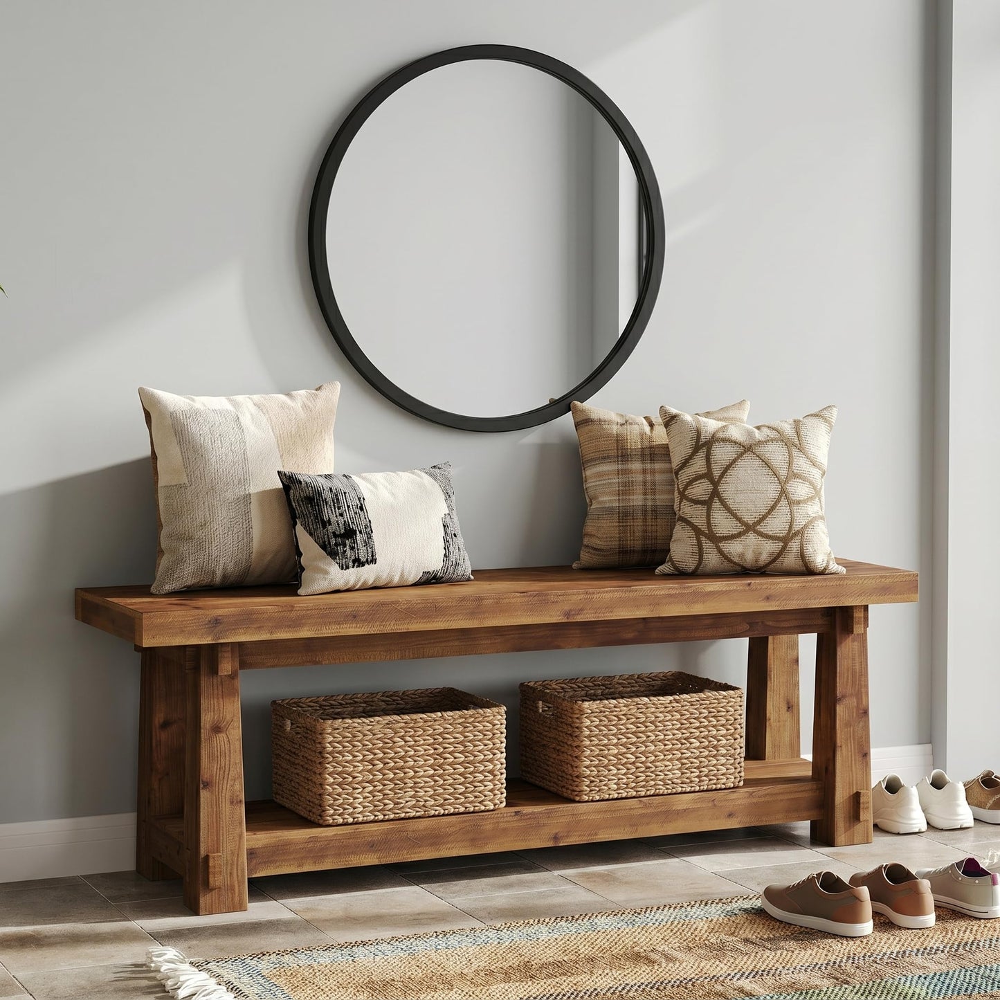 55" Solid Wood Entryway Bench with Shoe Storage, Rustic Wood Grain Shoe Rack Window Bench Seat for Foyer, Hallway, Mudroom, Bedroom, Easy Assembly (Rustic Light Wood)