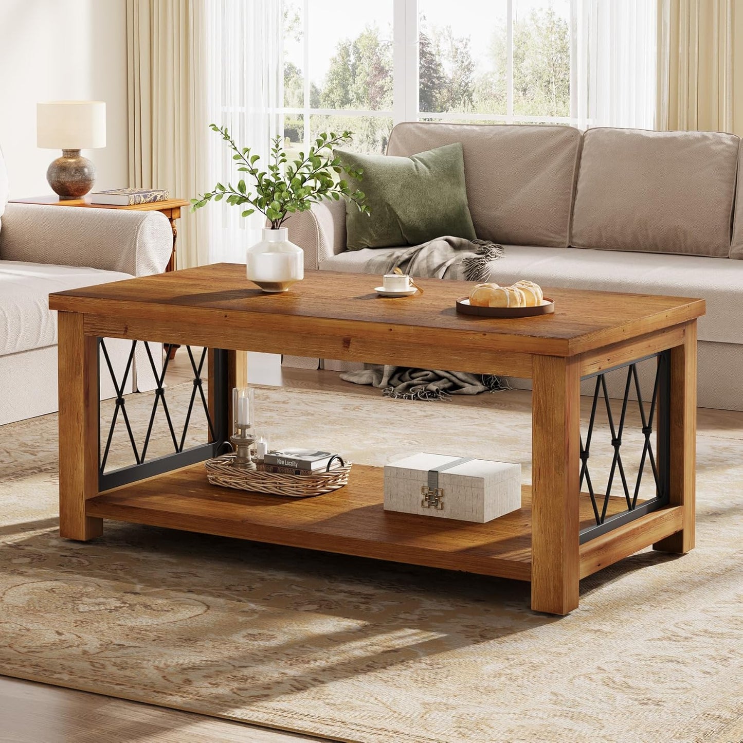 47.2" Solid Wood Coffee Table, 2-Tier Storage Design, Farmhouse Rectangular Center Cocktail Table, Rhomboid Metal Frame, for Living Room, Office, Balcony, Easy Assembly