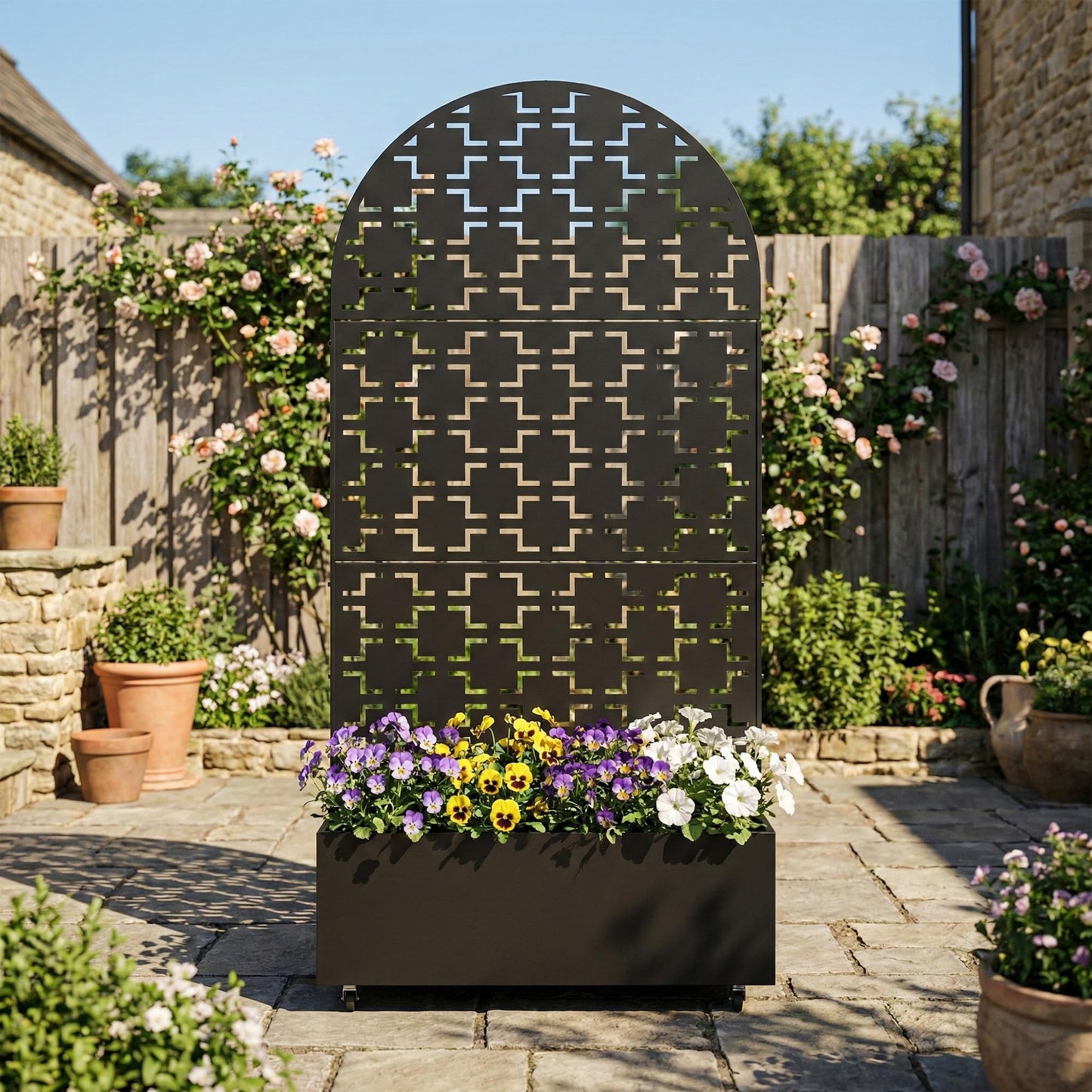 Metal Raised Garden Bed with Trellis and Wheels, 71"x47"x16" Planter Box with Privacy Screen & Drainage Holes, Arched Outdoor Garden Bed for Climbing Plants, Vegetables, Flowers (Black-Square)