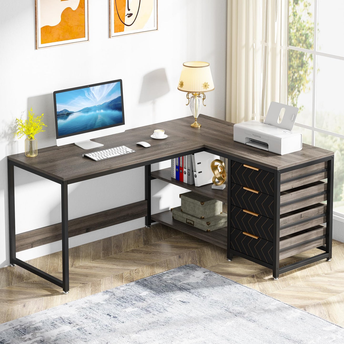 Tribesigns L Shaped Computer Desk with Storage Drawers, 59 inch Corner Desk with Shelves, Reversible L-Shaped Office Desk Study Writing Table Workstation for Home Office, Walnut & White