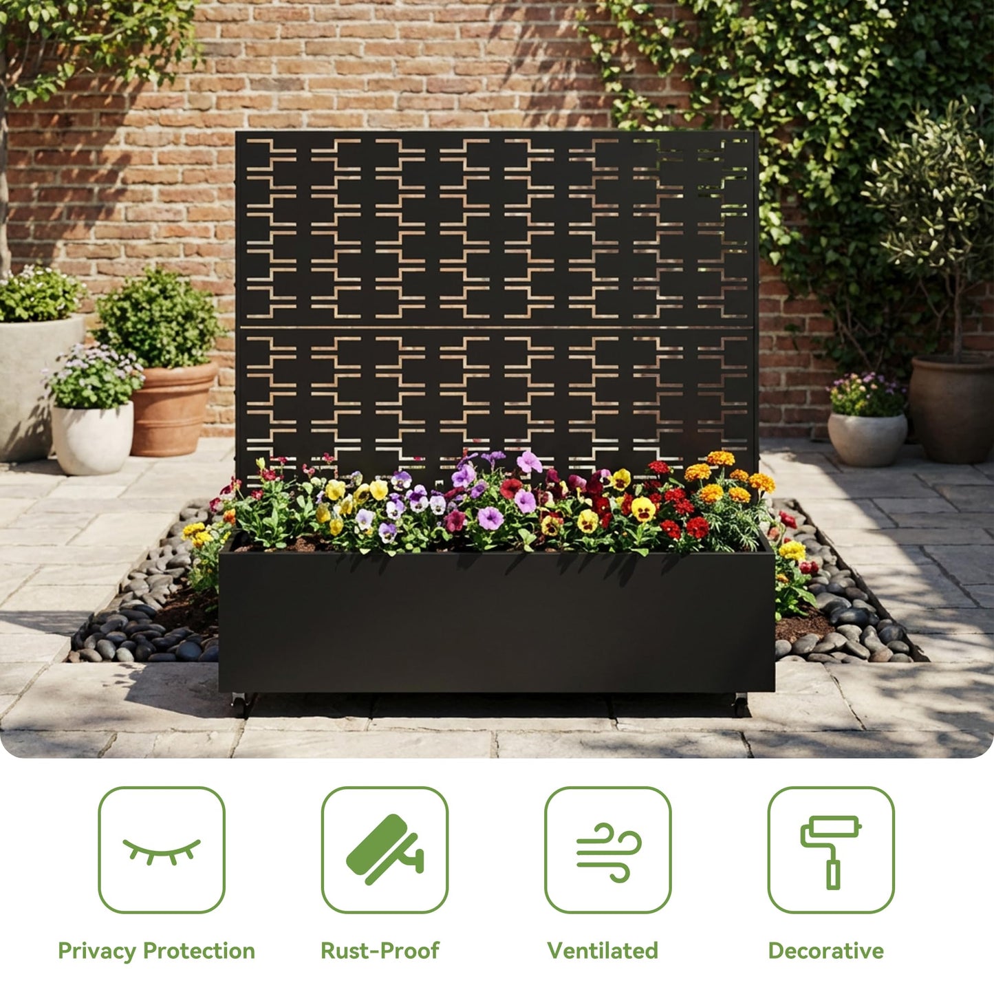 Metal Raised Garden Bed with Trellis and Wheels, 71"x47"x16" Planter Box with Privacy Screen & Drainage Holes, Arched Outdoor Garden Bed for Climbing Plants, Vegetables, Flowers (Black-Square)