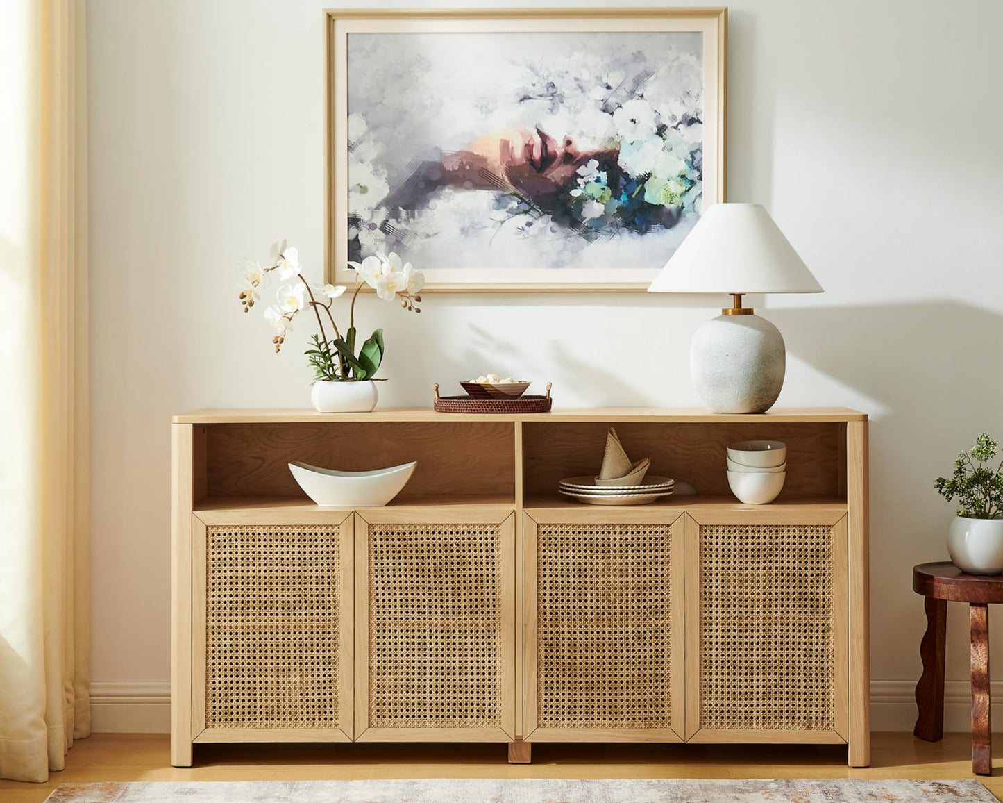 LKTART 63" Rattan Sideboard Buffet Cabinet,Kitchen Storage Cabinet,Wood Coffee Bars with 4 Doors & Open Storage Shelves,Mid Century Modern Credenza Console Table for Living Room,Walnut