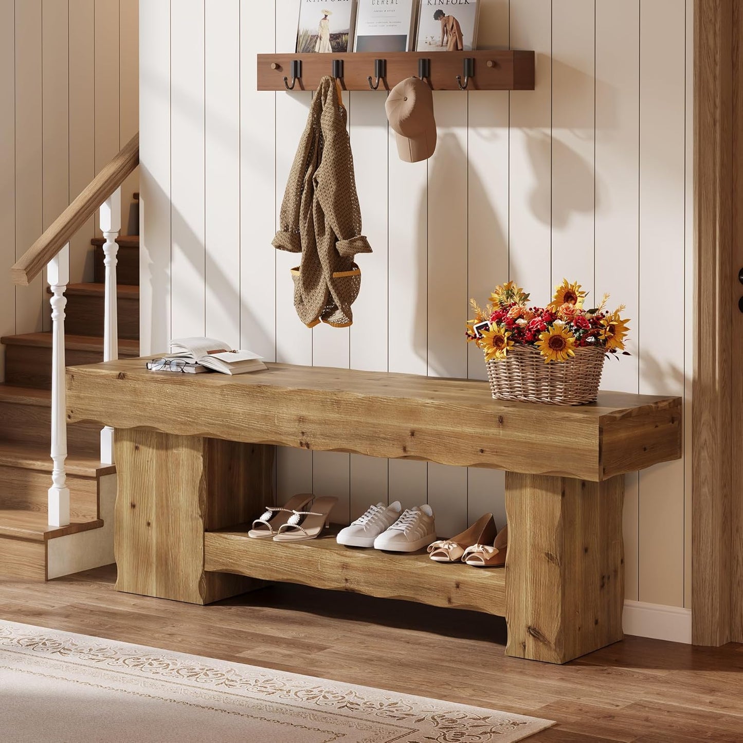 Solid Wood Bench 63" Two Tier Entryway Shoe Rack Bench, End of Bed Bench with Storage, Rustic Wood Bench for Bedroom, Hallway, Living Room, Kitchen, Dining, Rustic Brown