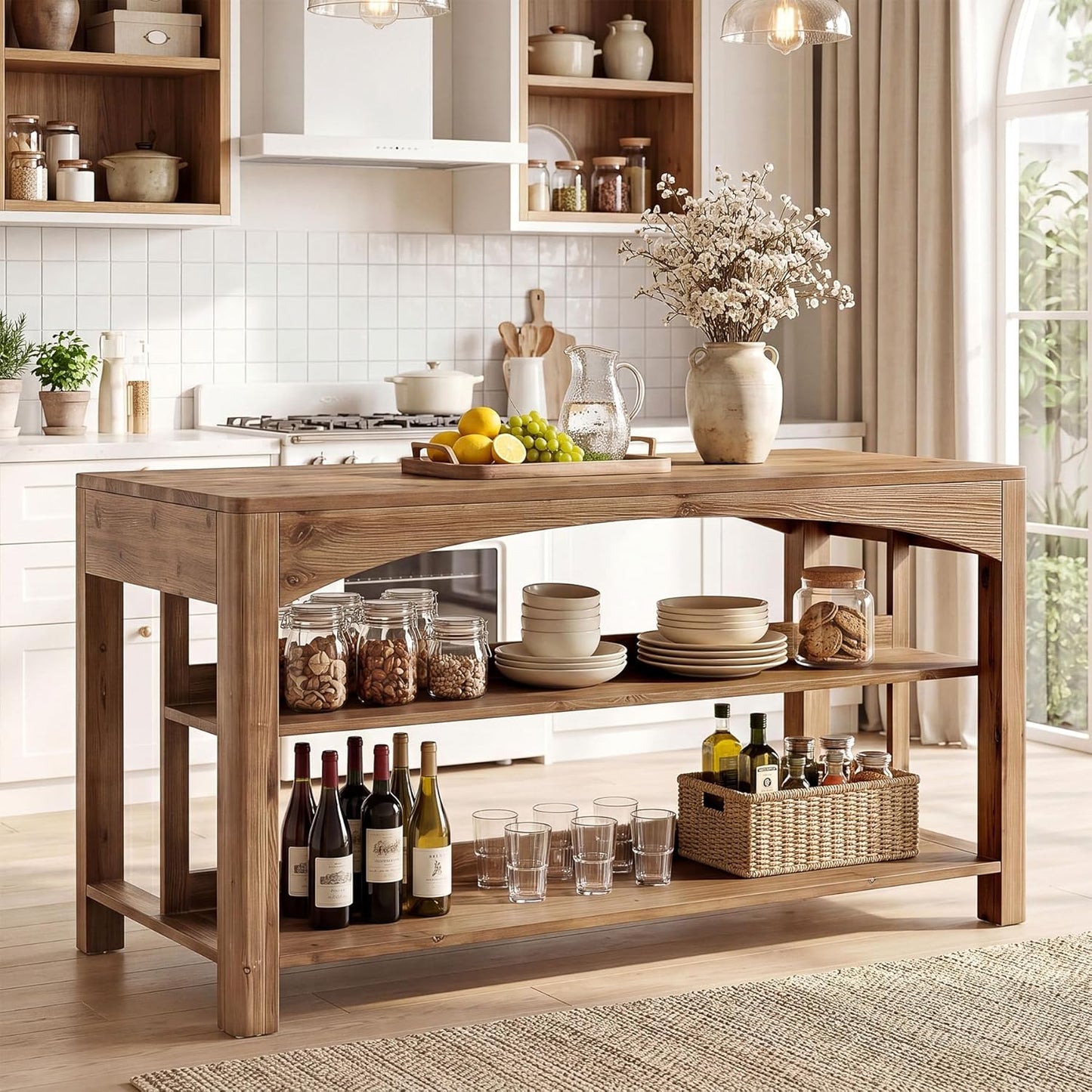 59 Inches Bar Table, Farmhouse Counter Height Pub Table with Storage Shelves, 3-Tier Coffee Bar Cabinet Counter Height Table for Kitchen, Dining Room, Natural Brown