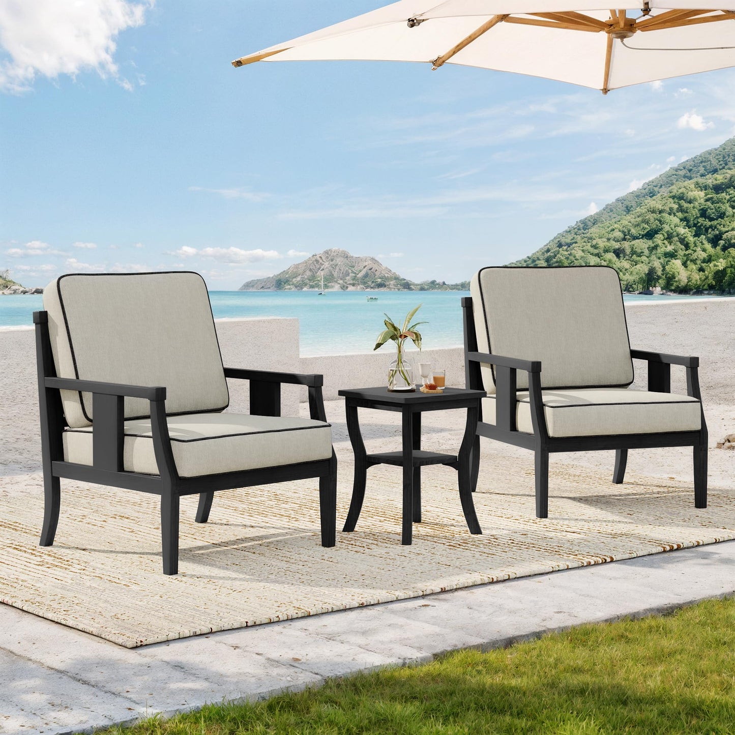 Outdoor Patio Armchairs Set of 2, All-Weather Solid Wood Patio Furniture Sets, Outdoor Sofa Chairs with Washable Thick Cushions for Porch, Balcony, Deck, Black Frame & Gray Cushion