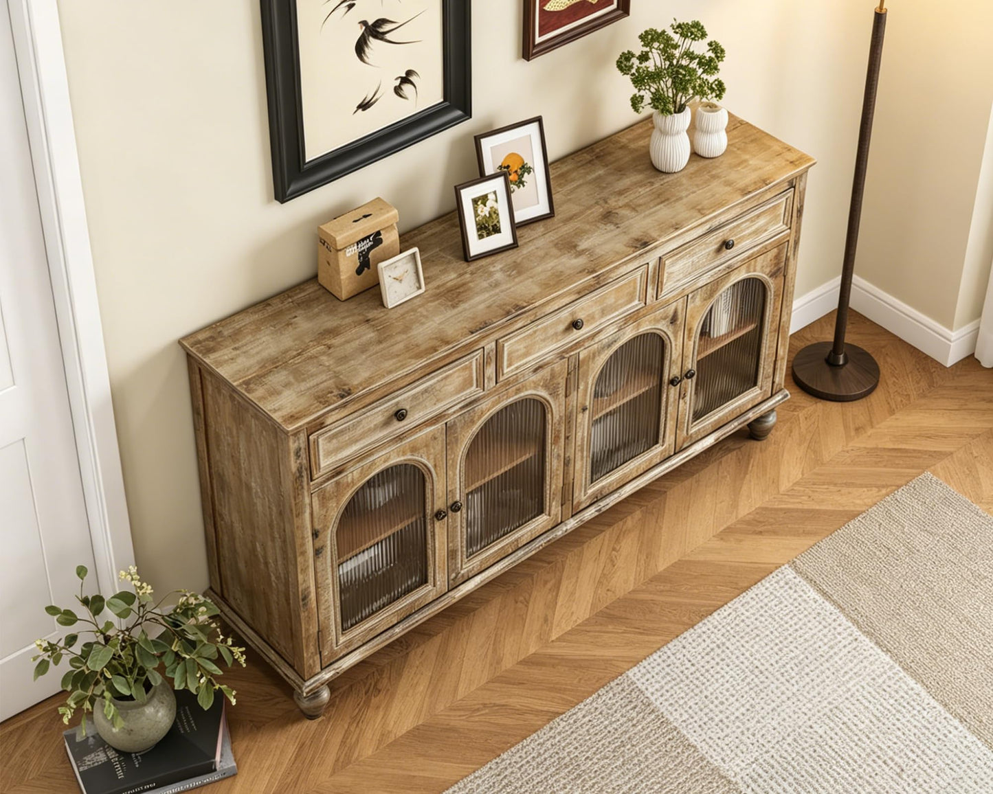 LKTART 60" Farmhouse Sideboard Buffet,Solid Fir Wood Frame with Hollowed-Out Carved Doors,Hand-Distressed Design,Versatile Storage Cabinet for Kitchen, Living Room,Natural Wood
