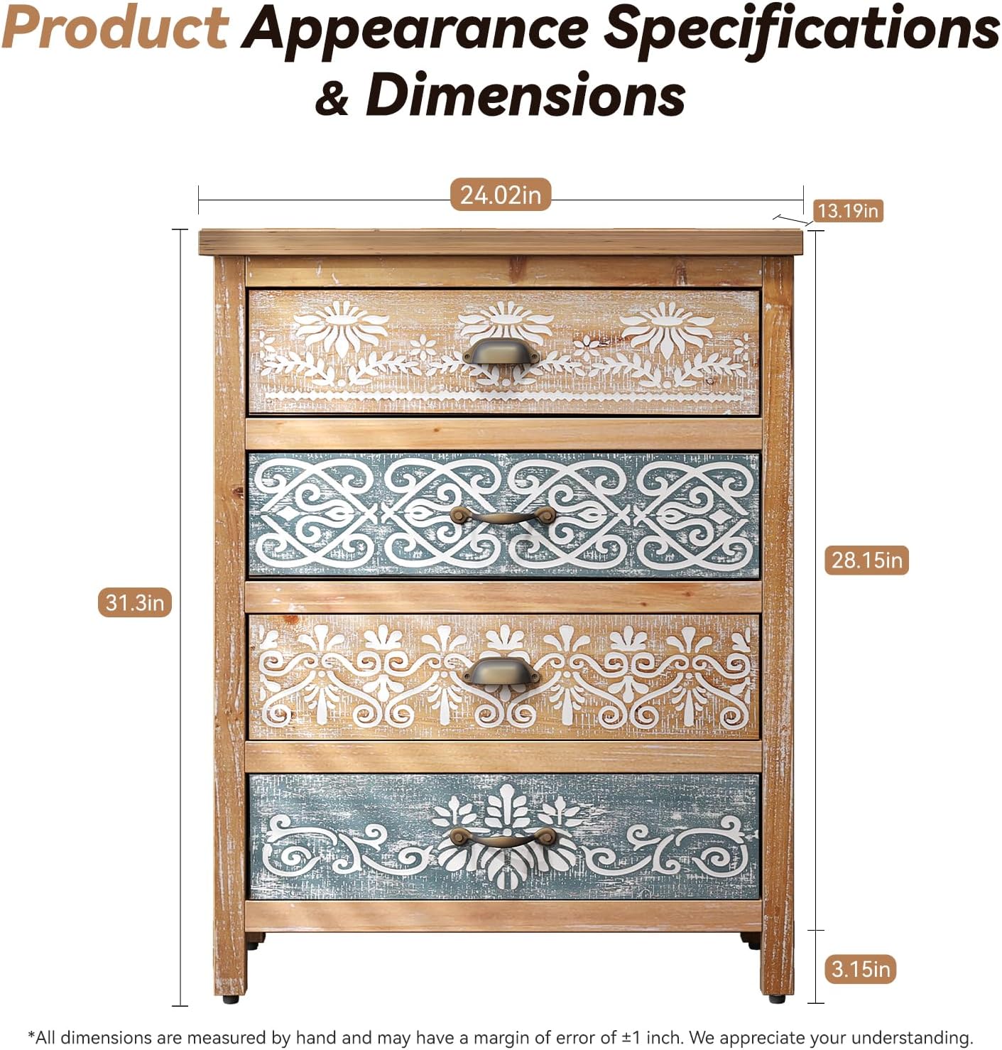 LKTART Wooden Storage Cabinet with Carved Drawers,Boho Small Buffet Sideboard with Hand Painted,Rustic Accent Credenza for Entryway,Kitchen,Living Room