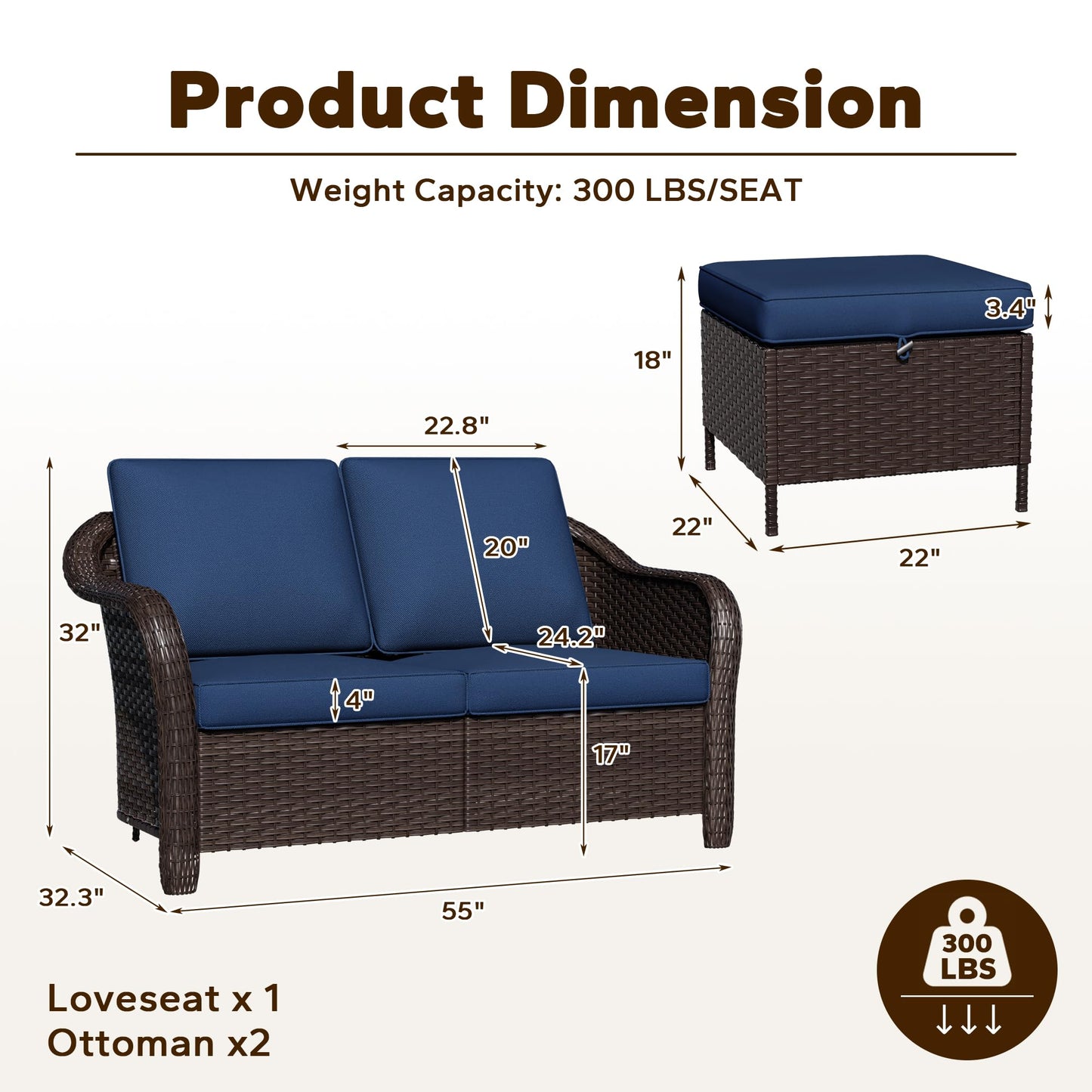 55 inch Outdoor Wicker 2 Seater Sofa, All-Weather Use Patio Rattan Loveseat with Seat and Back Cushion, Ideal for Porch, Backyard, Balcony, Poolside, Blue