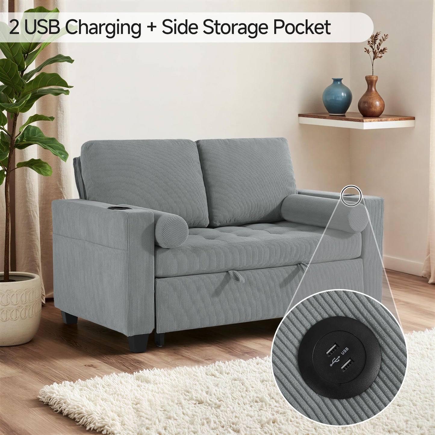 Sleeper Sofa Chair Bed, 3-in-1 Convertible Sleeper Chair with Pull Out Bed, Comfy Corduroy Sofa Bed Couch with Reclining Adjustable Backrest, USB Ports, Cup Holder, Side Pocket (Gray, 38.8")