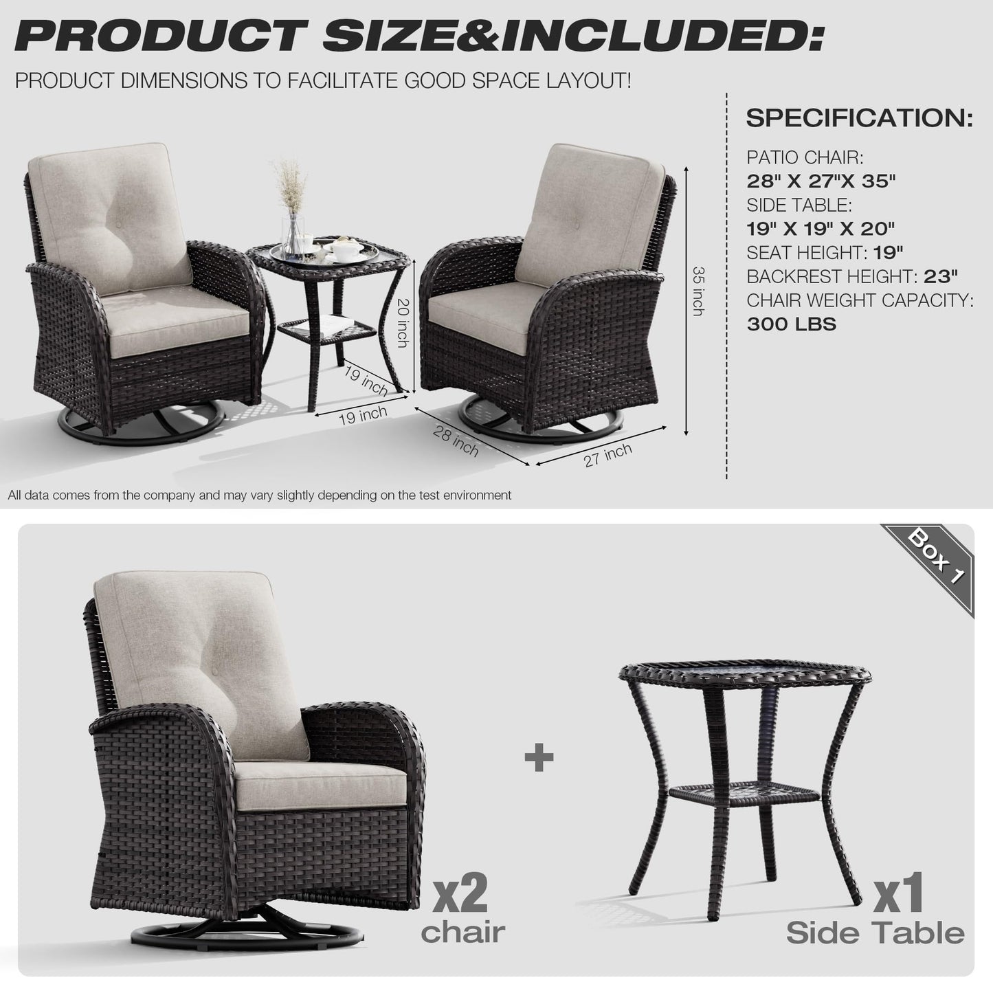 Joyside Patio Swivel Rocker Wicker Chairs - Outdoor Swivel Rocking Chairs Set of 2 with Wicker Side Table, Patio Swivel Rocker Chair 3 Piece Patio Furniture Sets for Porch Deck(Brown/Blue)