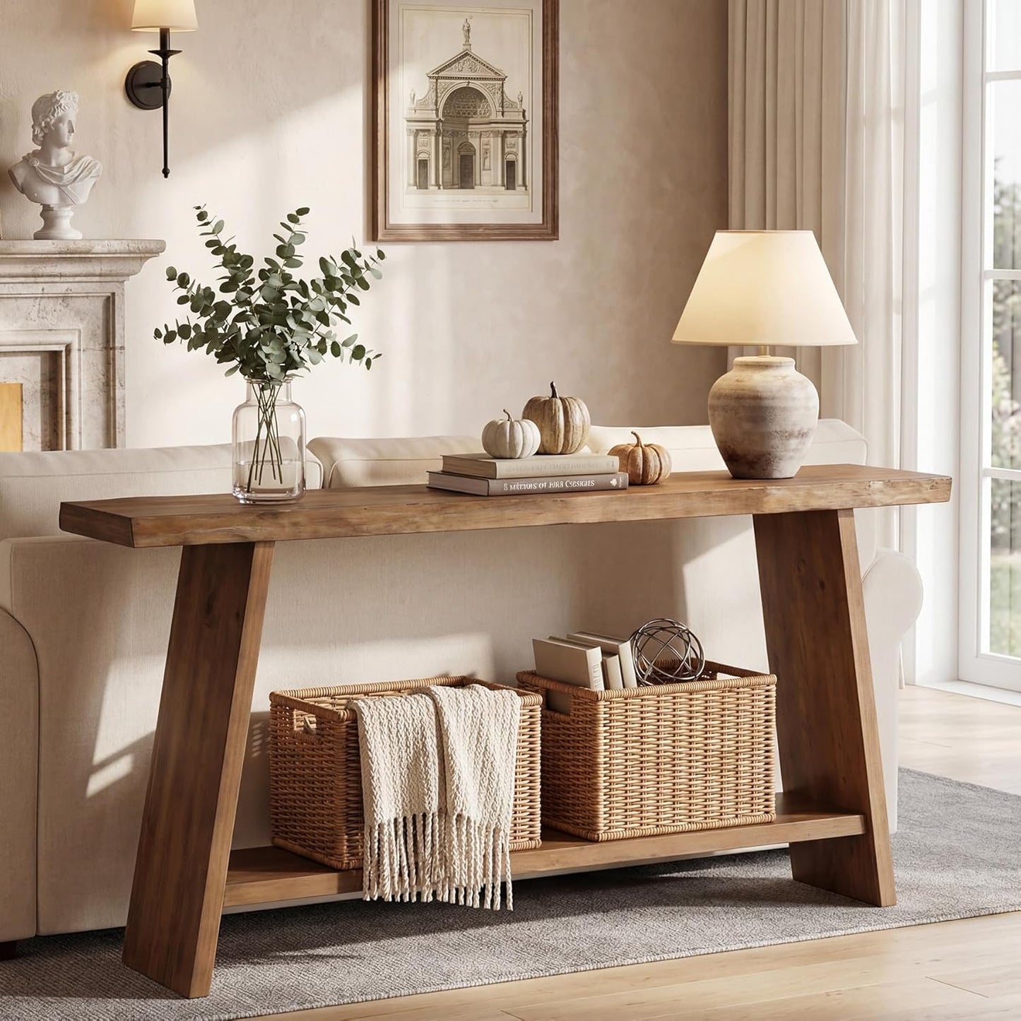 Solid Wood Console Table, 62.99" Entryway Table with Storage Shelf, 2 Tiers Narrow Skinny Sofa Table for Hallway, Entrance, Living Room, Brown