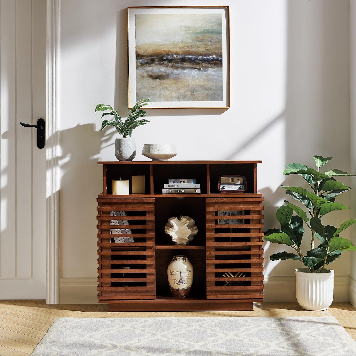 LKTART 63" Rattan Sideboard Buffet Cabinet,Kitchen Storage Cabinet,Wood Coffee Bars with 4 Doors & Open Storage Shelves,Mid Century Modern Credenza Console Table for Living Room,Walnut