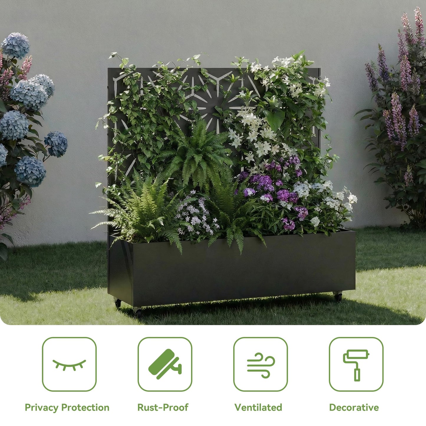 Metal Raised Garden Bed with Trellis and Wheels, 71"x47"x16" Planter Box with Privacy Screen & Drainage Holes, Arched Outdoor Garden Bed for Climbing Plants, Vegetables, Flowers (Black-Square)