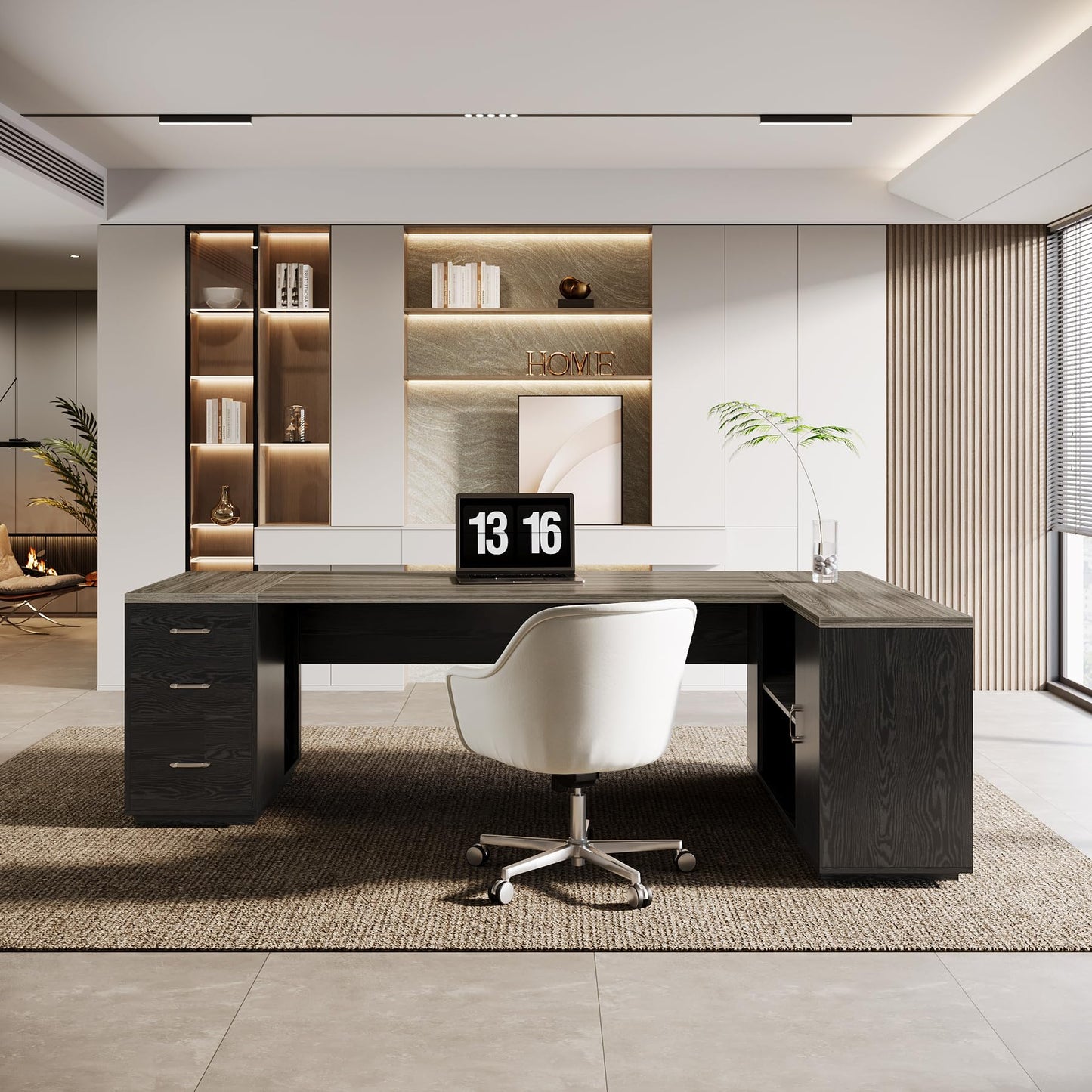 Tribesigns 85.8-Inch L-Shaped Executive Office Desk with File Drawers & Storage Cabinet, Professional Corner Computer Desk Extra Large Business Workstation with Adjustable Shelves (White&Walnut)