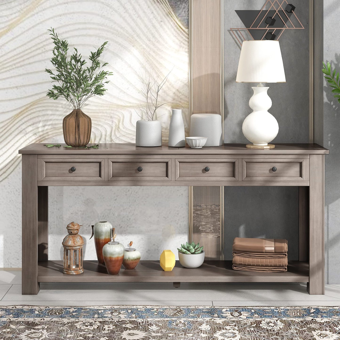 LKTART 63" Solid Wood Console Table Sofa Table with Storage Drawers and Bottom Shelf,Farmhouse Entryway Table for Hallway Foyer,Living Room,Easy Assembled (63" Espresso)